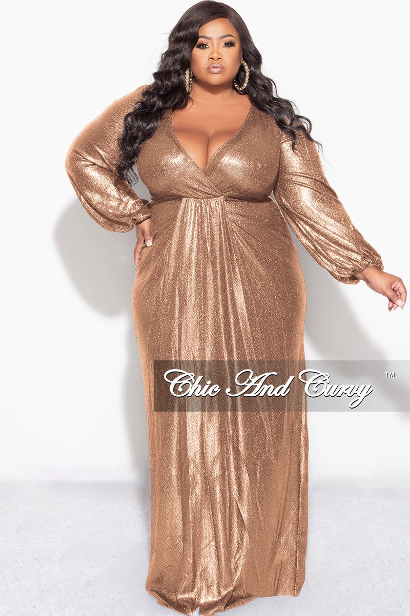 MultiPocketDesign Minimalist Aesthetic Final Sale Plus Size Faux Wrap Gown with Pleated Waist & Balloon Sleeves in Bronze Metallic Lux Fabric