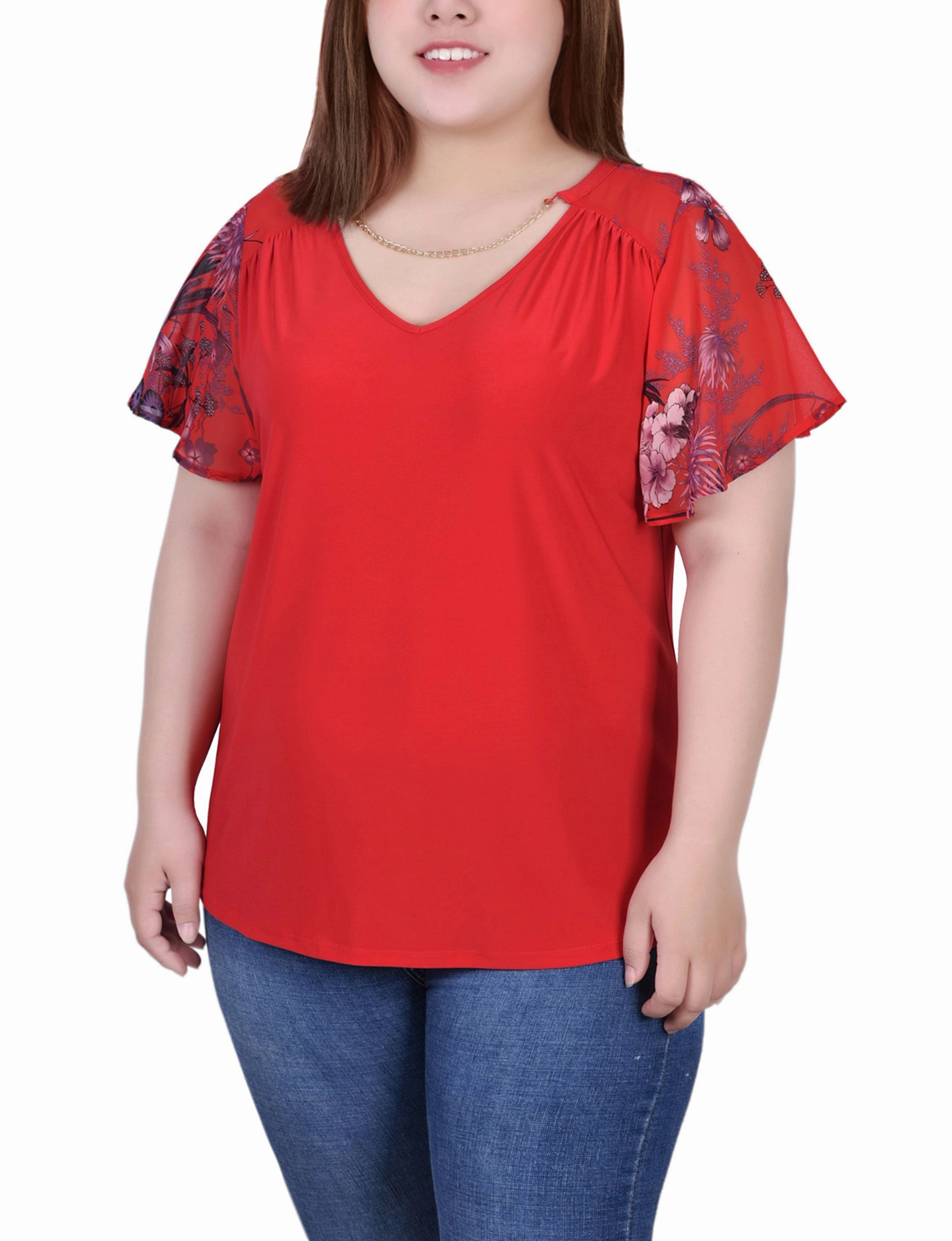 Plus Size Combo Chiffon-Sleeve V Neck Top Printed T-shirt