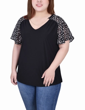 GarmentWashed Texture Plus Size Combo Chiffon-Sleeve V Neck Top