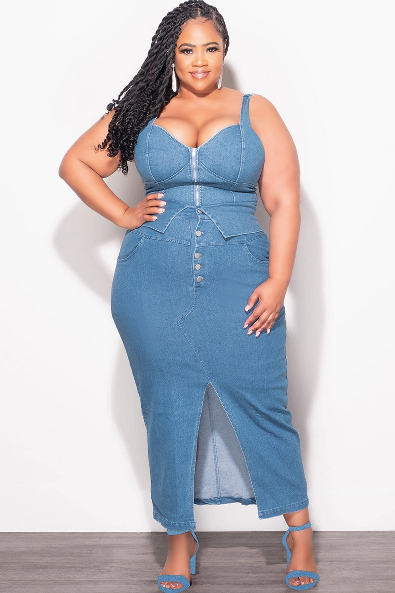 Final Sale Plus Size 2pc Set Tank Top and Skirt In Blue Denim Full Comfort Practical Look