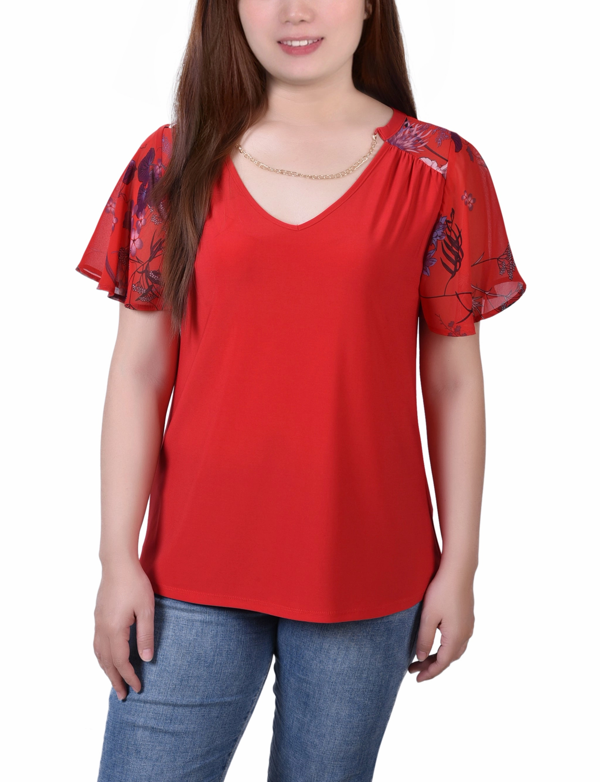 BreathableBack Combo Chiffon-Sleeve V Neck Top