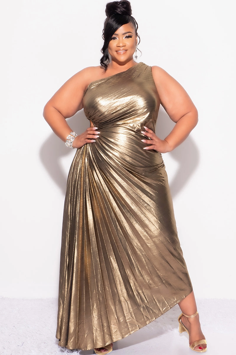 Perfect Layering Final Sale Plus Size One Shoulder Asymmetric Pleated Dress with Cut Out in Metallic Bronze