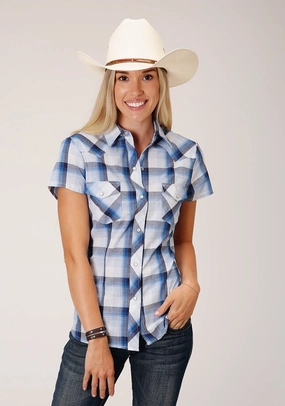 Neutral Tones Roper Womens 1631 Multi Plaid Blue/White Cotton Blend S/S Shirt