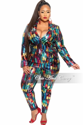 QuickRelease Closures Hypoallergenic Inner Layer Final Sale Plus Size 2-Piece Pants Suit in Multi-Color Metallic Fabric