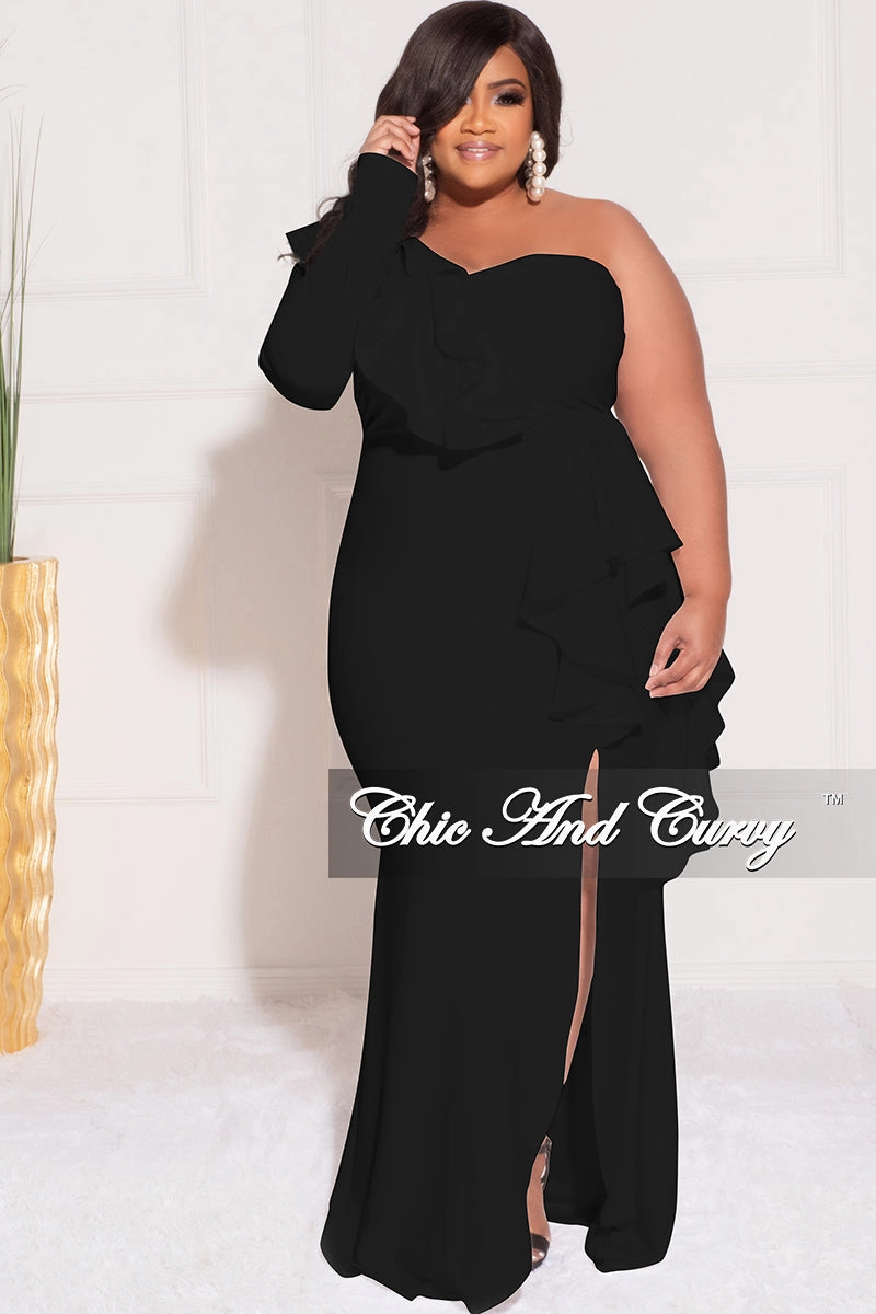 Reflective Trims Simple Cut Final Sale Plus Size One Sided Ruffle Gown with Front Slit in Black
