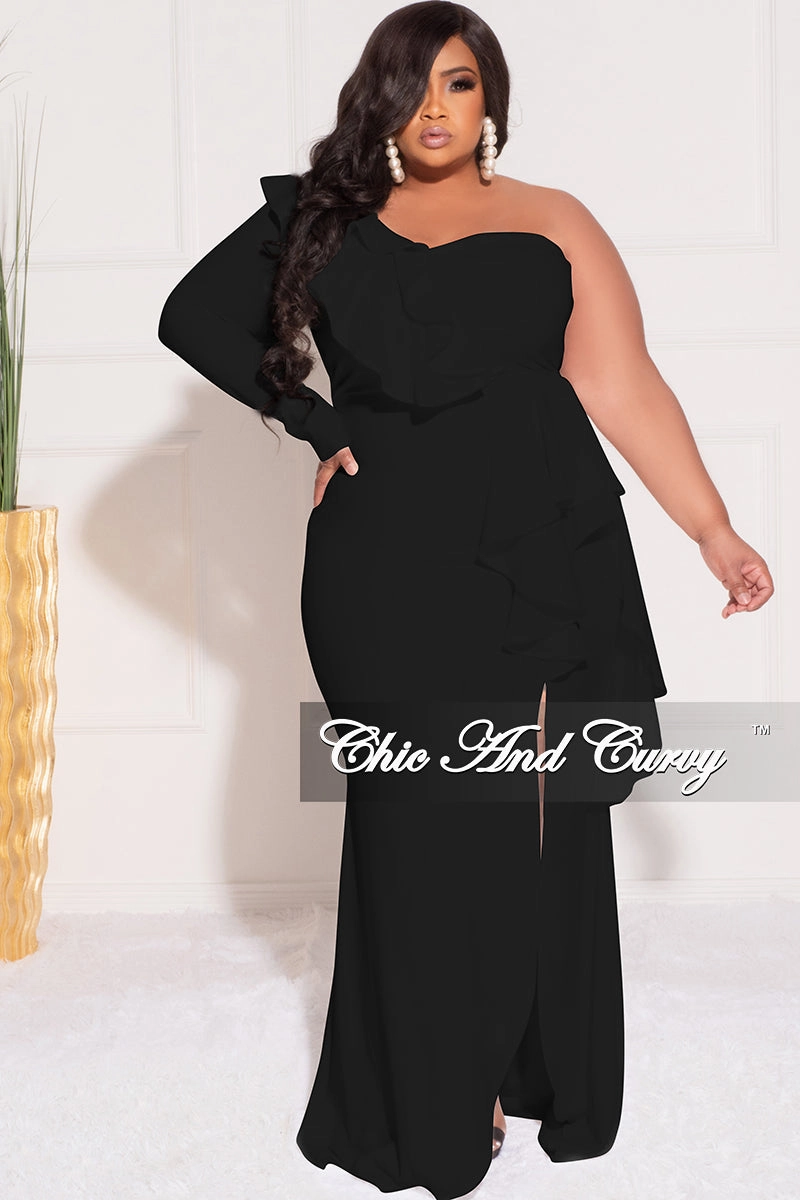 Final Sale Plus Size One Sided Ruffle Gown with Front Slit in Black Temperature Control Fabric