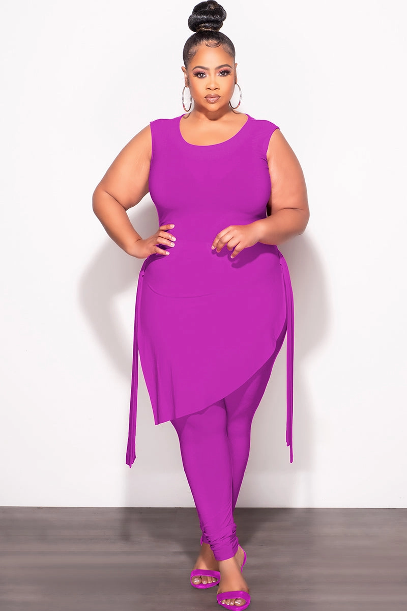 Button front Final Sale Plus Size 2pc Sleeveless Top and Pants Set in Magenta