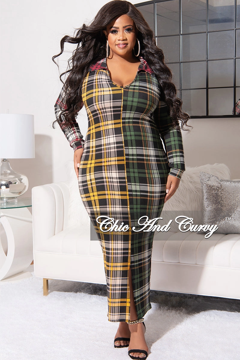 Final Sale Plus Size Collar Midi Dress with Back Slit in Multi Color Plaid Print Flat Seams
