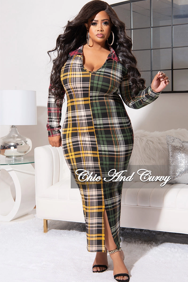 Final Sale Plus Size Collar Midi Dress with Back Slit in Multi Color Plaid Print Casual Comfort Look Layered Panel Design