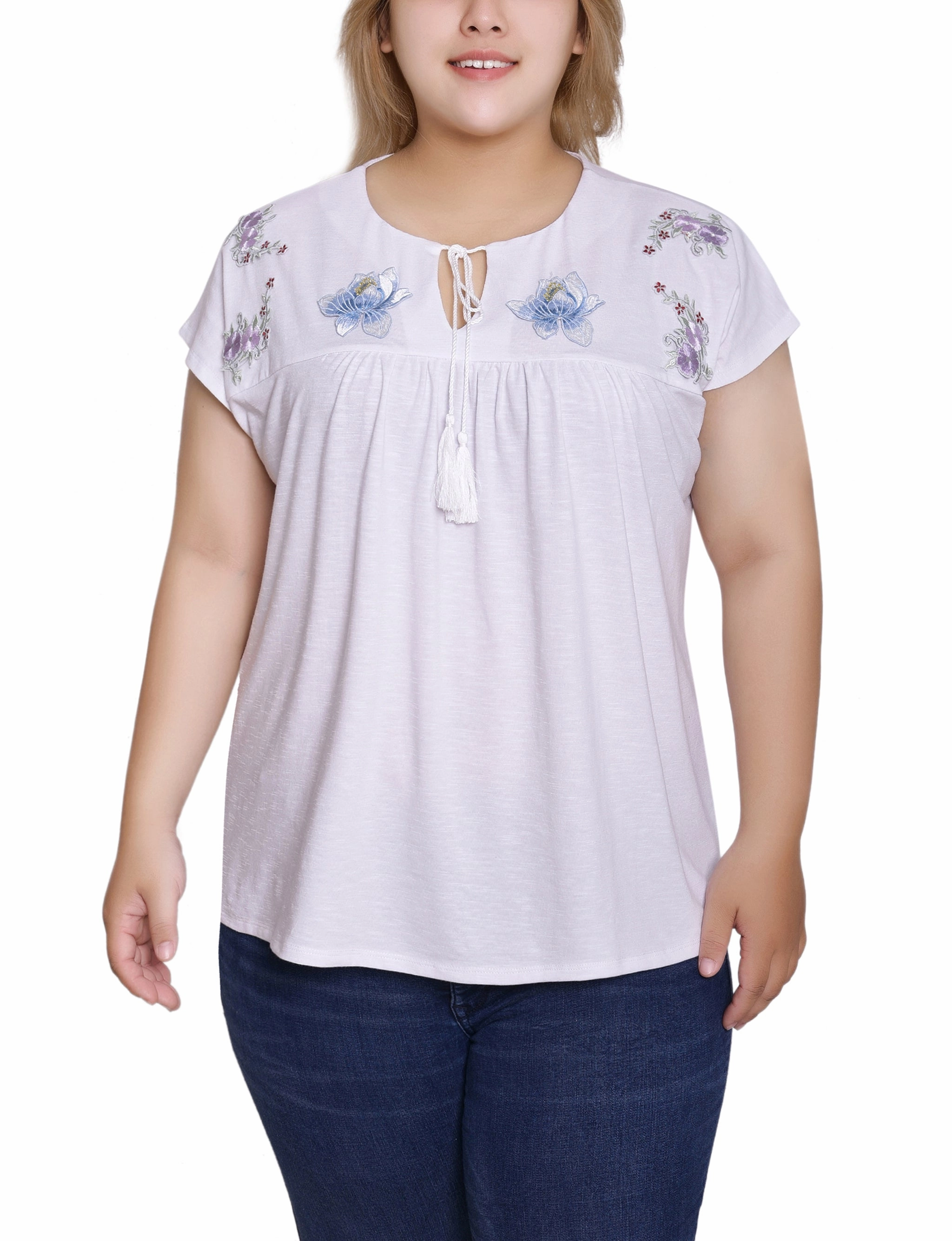 Plus Size Embroidered Yoke Extended Sleeve Top UVProtective Coating Layered Ventilation Zones