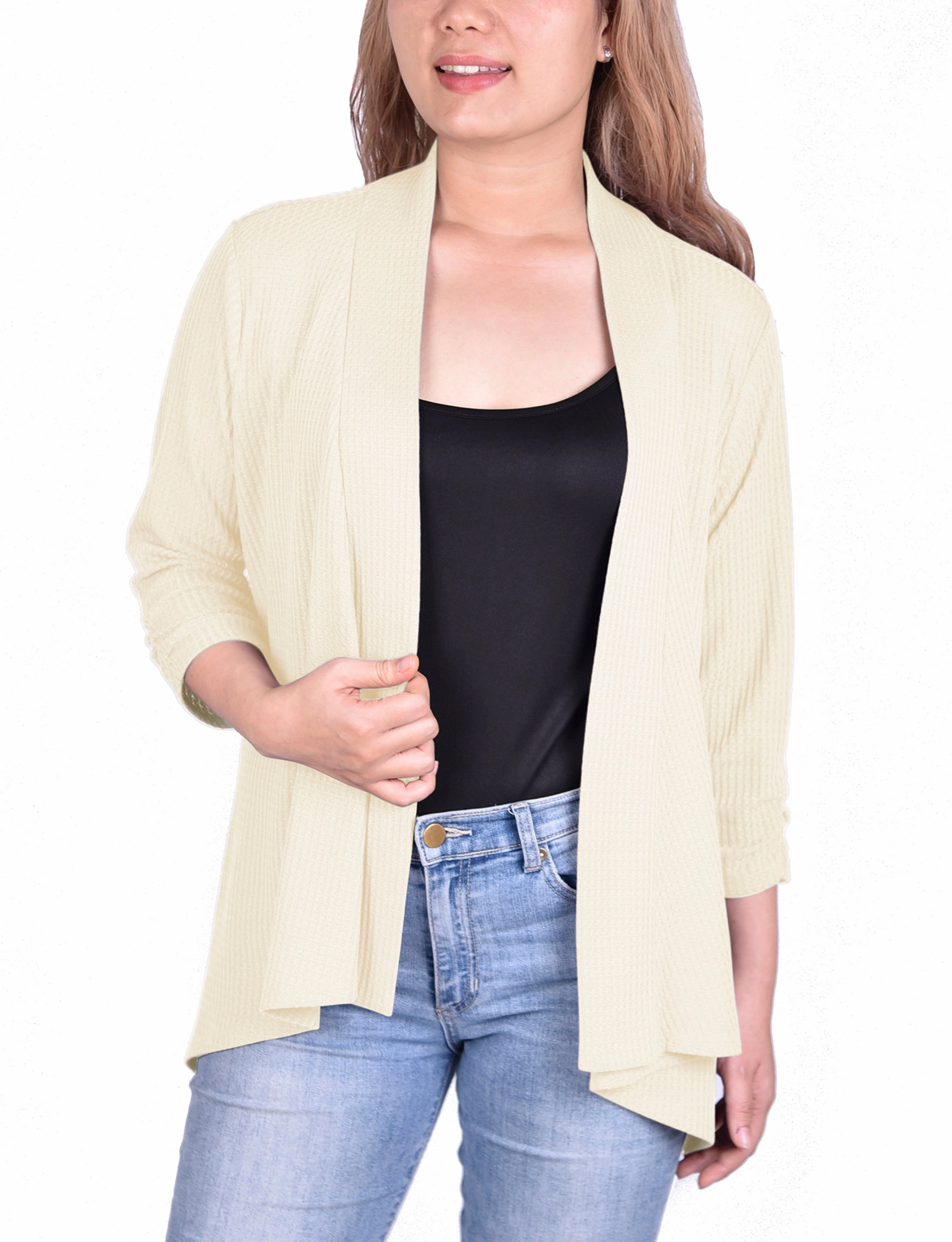 3/4 Sleeve Open Front Waffle Weave Cardigan LightReflectiveTrim