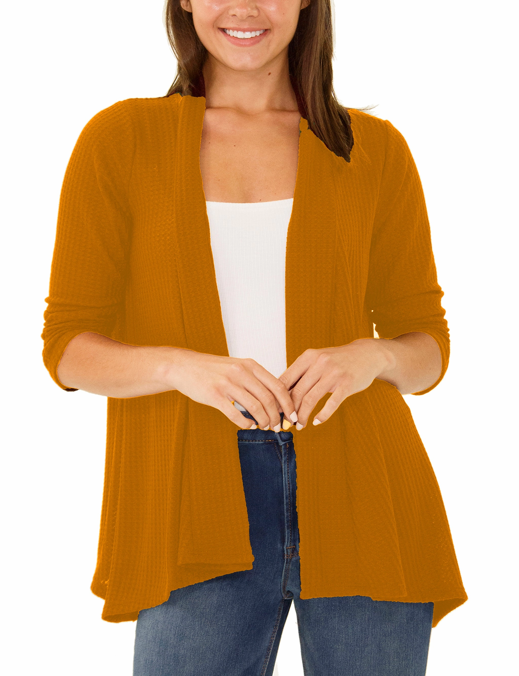 Moisture Wicking Technology 3/4 Sleeve Open Front Waffle Weave Cardigan