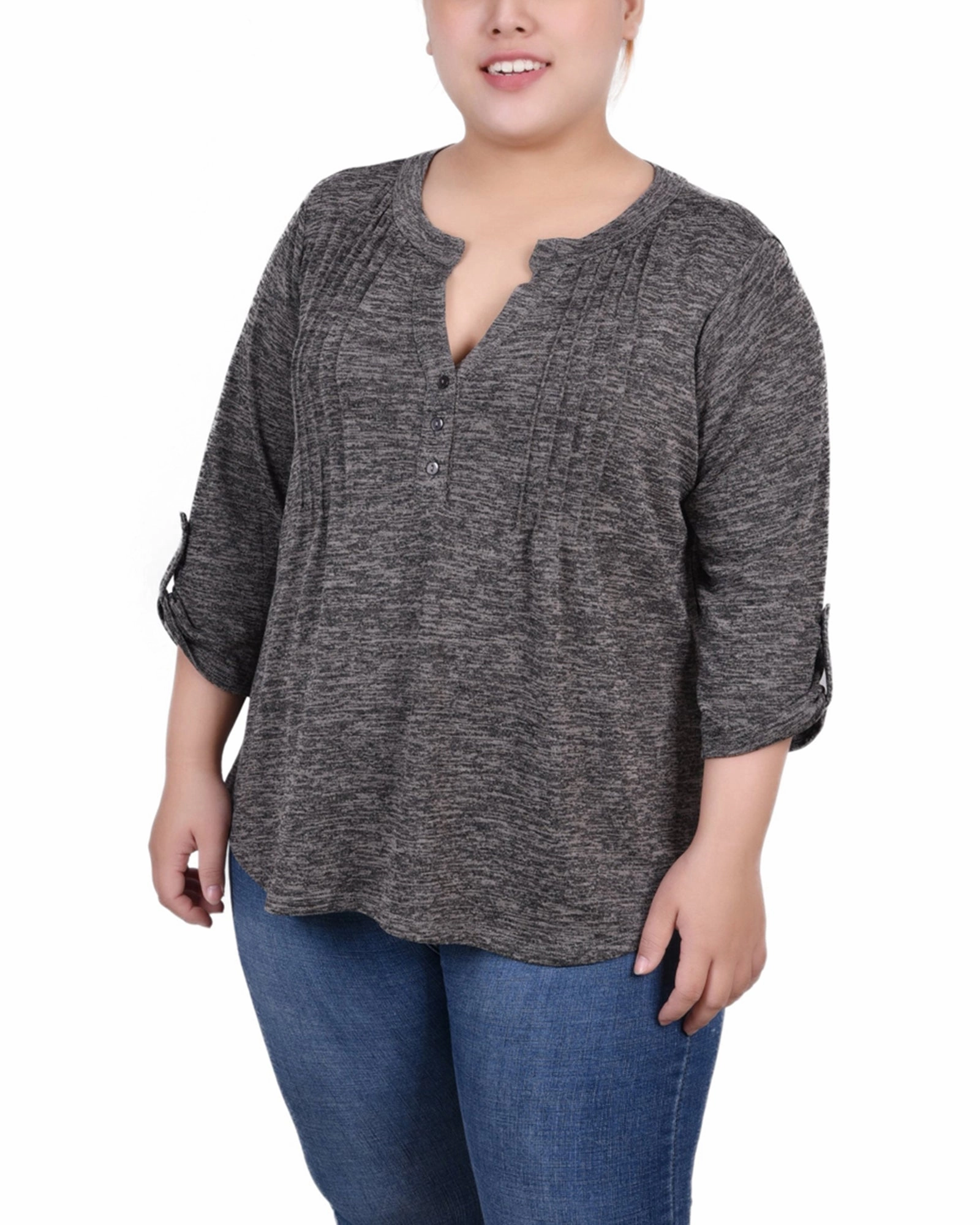 Plus Size 3/4 Roll Tab Sleeve Y Neck Top Soft Hoodie