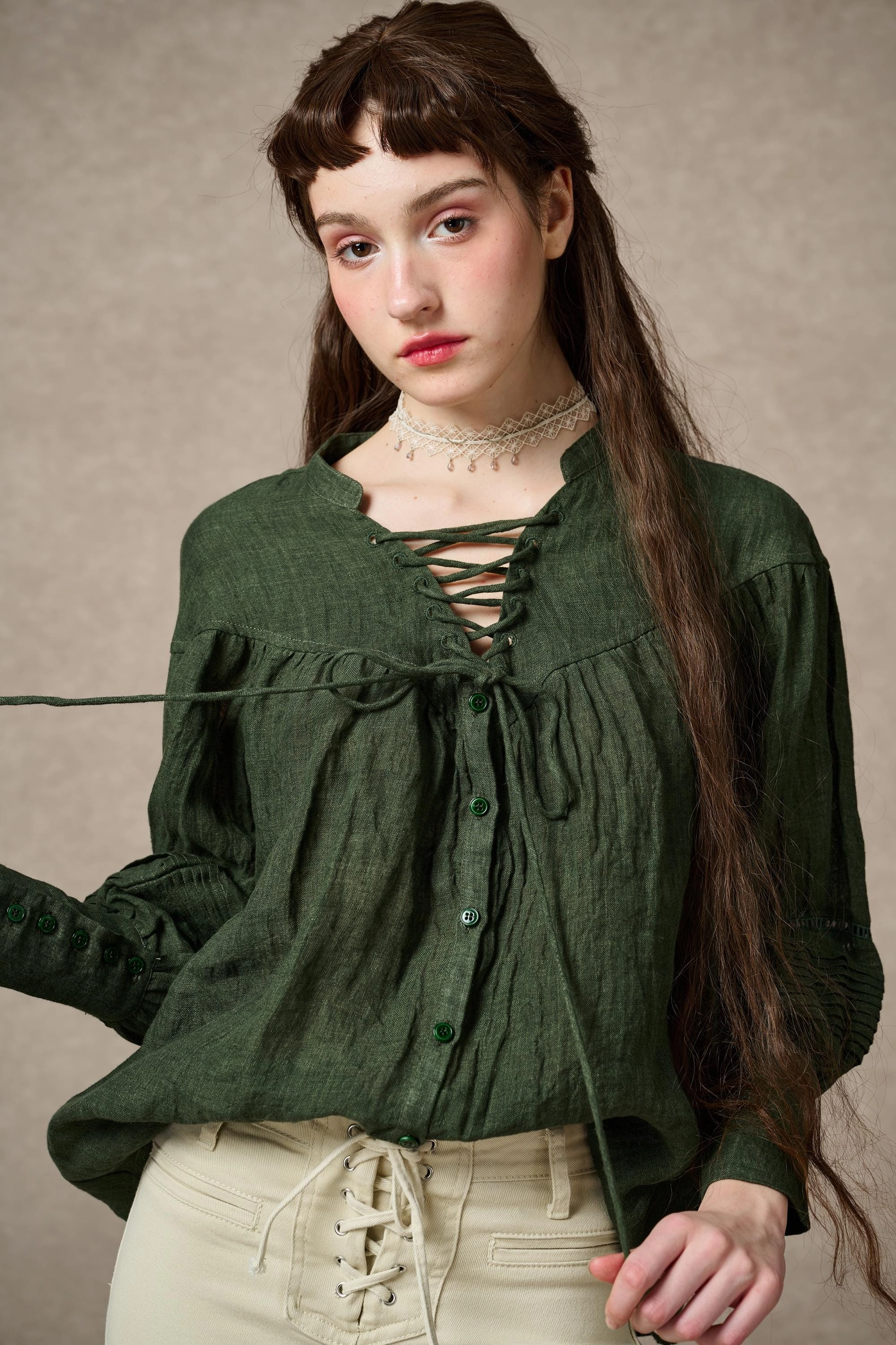 NERIA 21 | Lace up linen shirt blouse Cool Weather Interlock Ribbed Collar