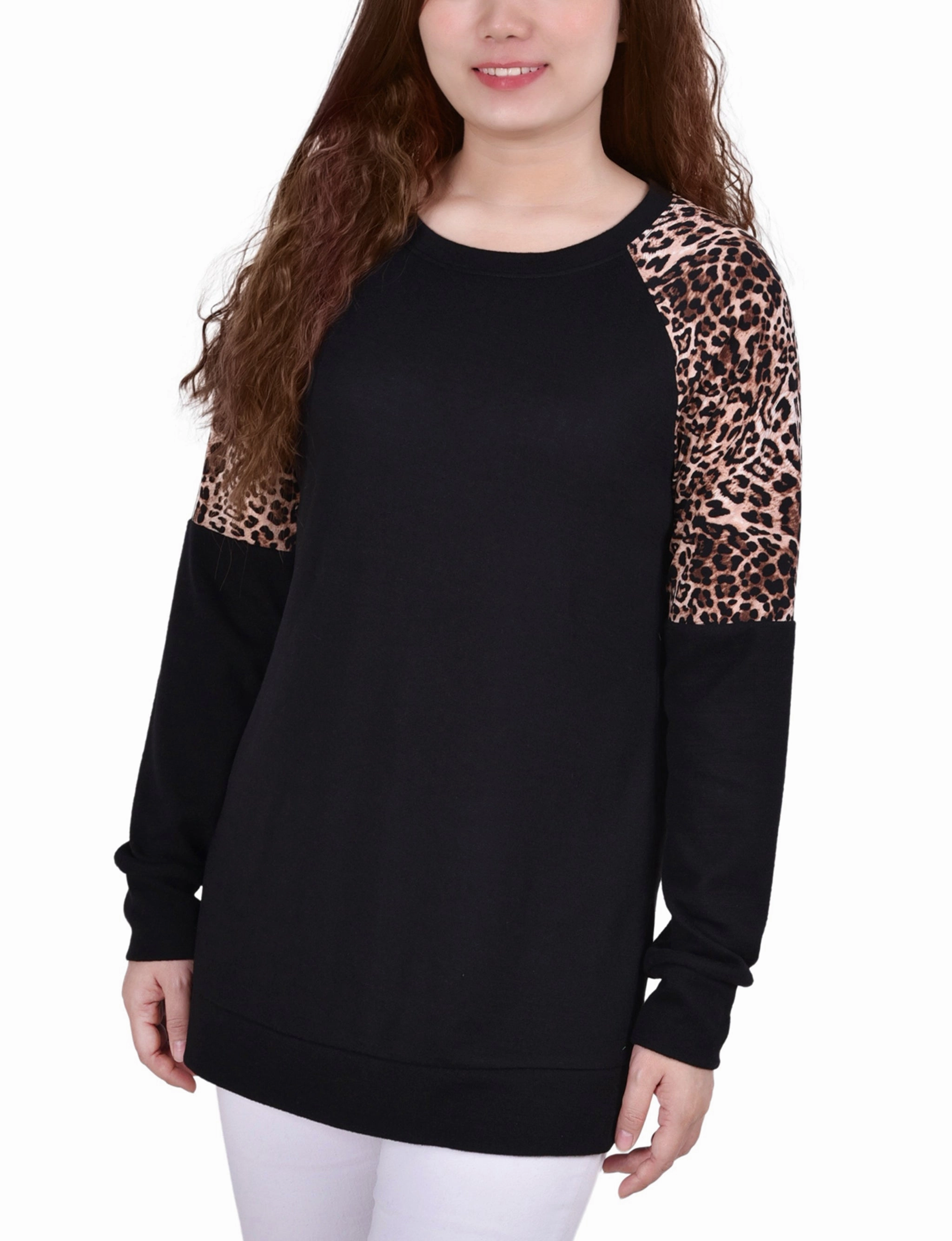 Thermal Insulation Tech Long Raglan Sleeve Top With Animal Print Insets