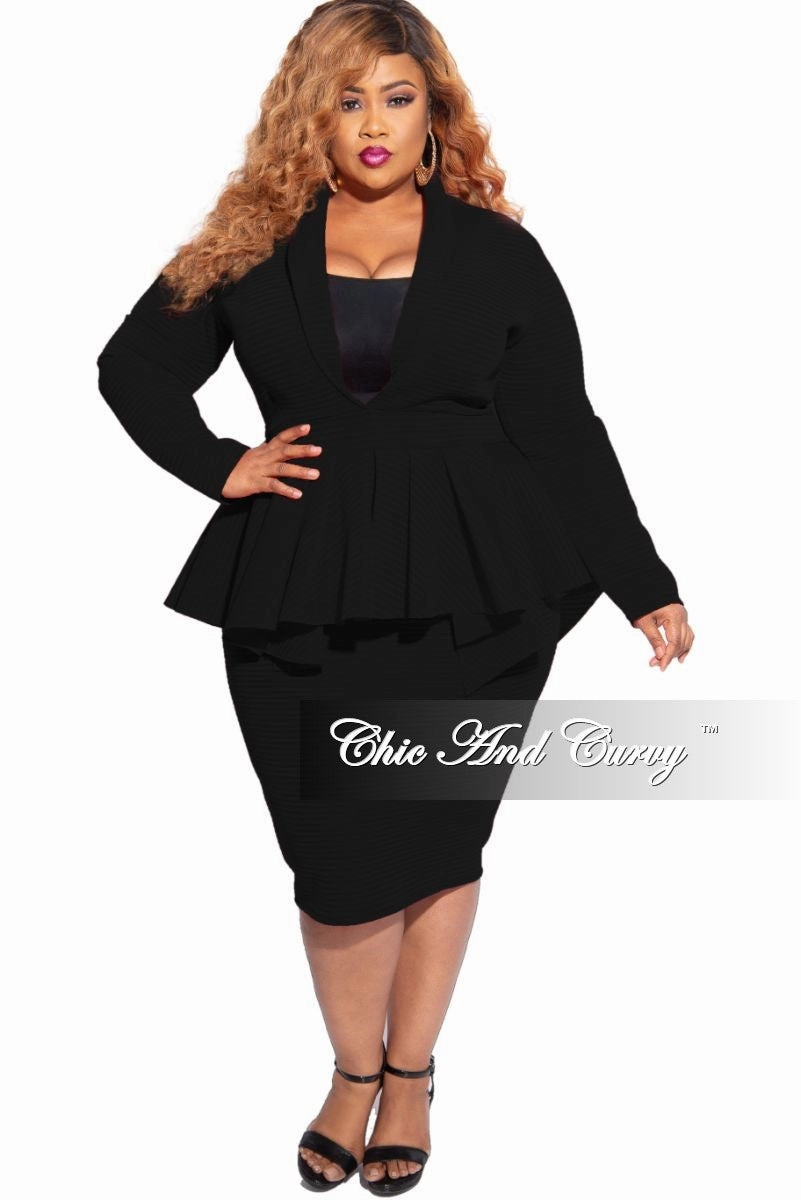 Practical Fit Flexible Comfort New Plus Size Deep V Neck Peplum BodyCon Dress in Black Striped Scuba Fabric