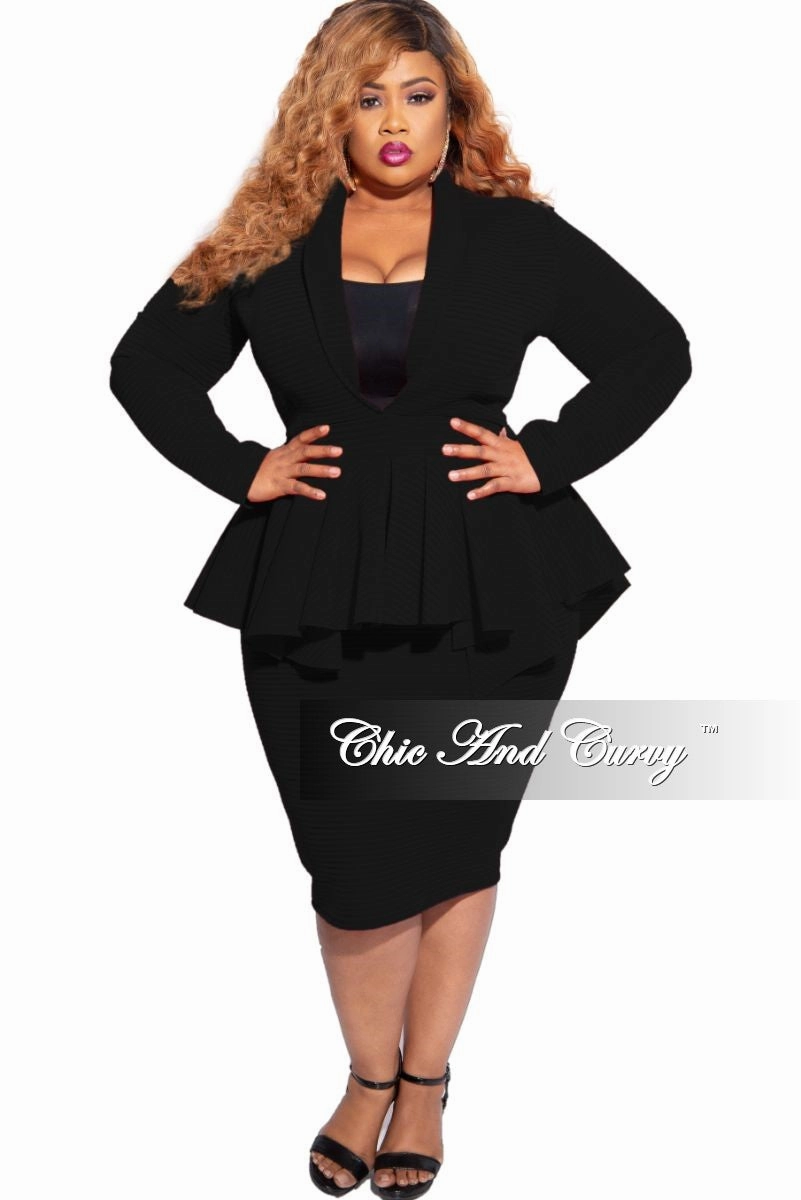 New Plus Size Deep V Neck Peplum BodyCon Dress in Black Striped Scuba Fabric Trail Comfort Timeless Fit