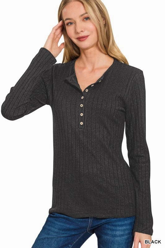 Lilah Ribbed Long Sleeve Button Down Top Layered Hem Reinforcement BreathableFabricTech