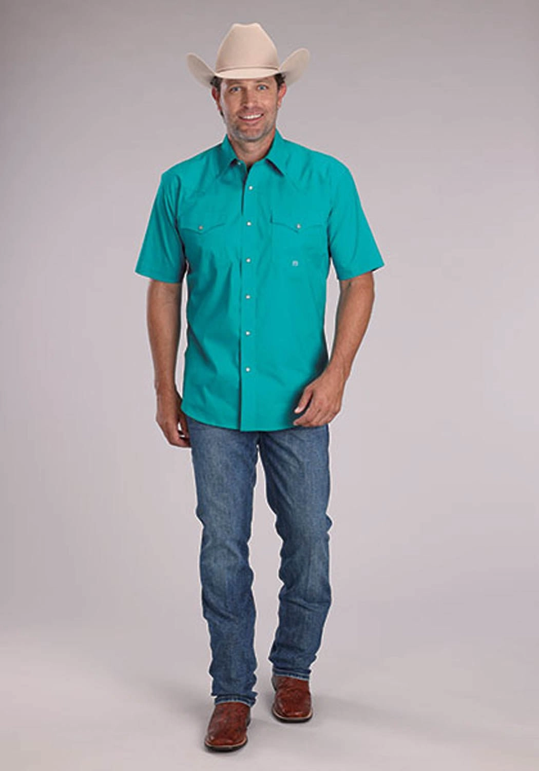 Layered Hemline Military Inspired Roper Mens 2509 Solid Stretch Poplin Turquoise Cotton Blend S/S Shirt