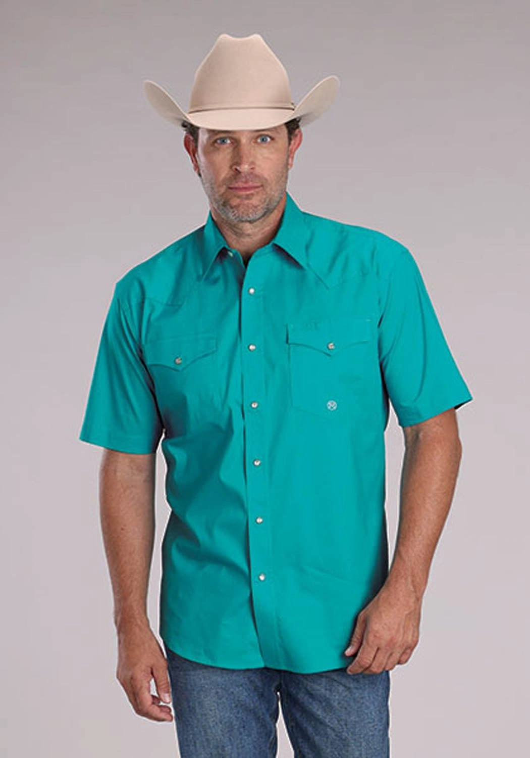 Roper Mens 2509 Solid Stretch Poplin Turquoise Cotton Blend S/S Shirt Festival Fashion