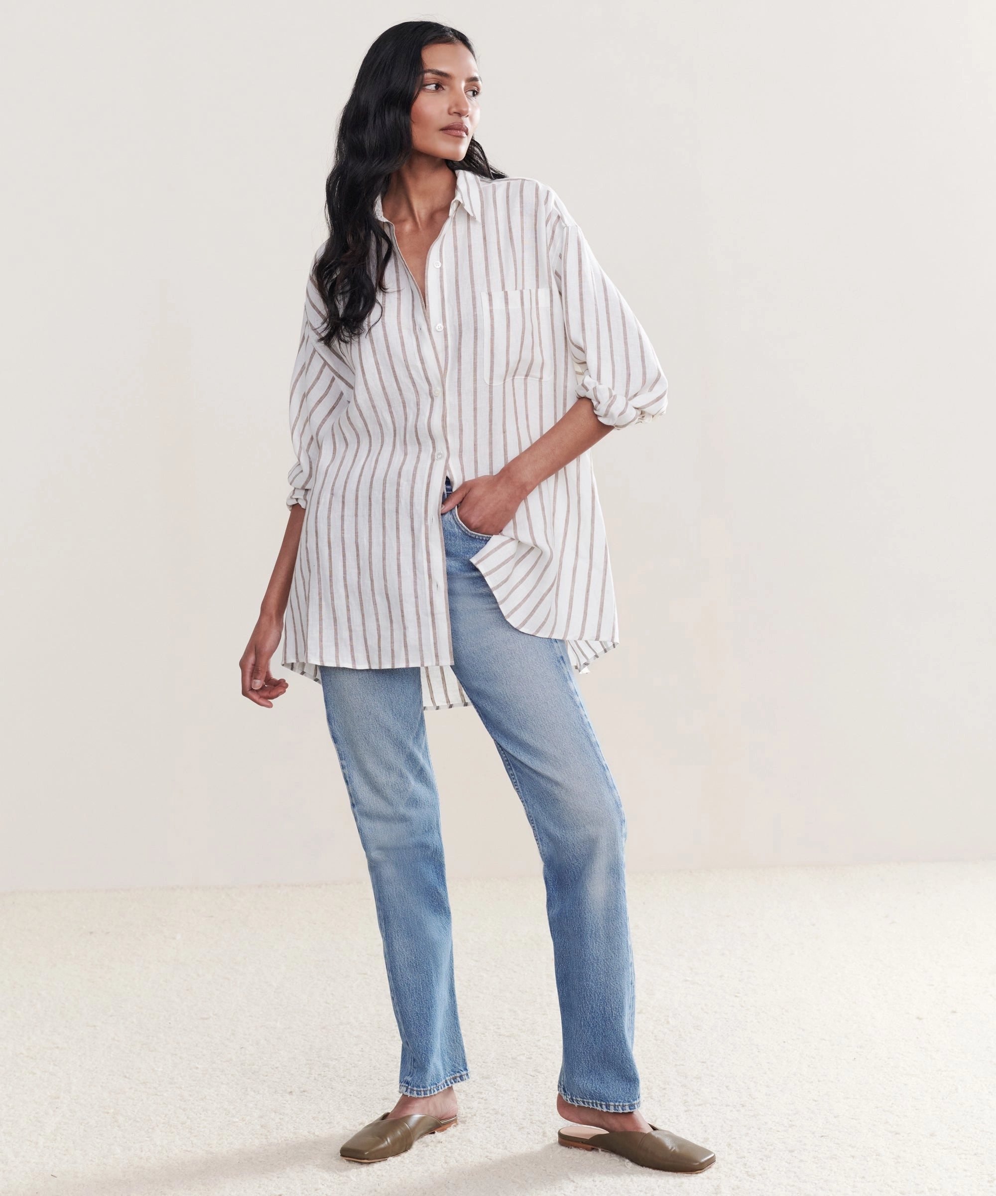FlexibleRibbedTrims Linen Relaxed Oversized Shirt