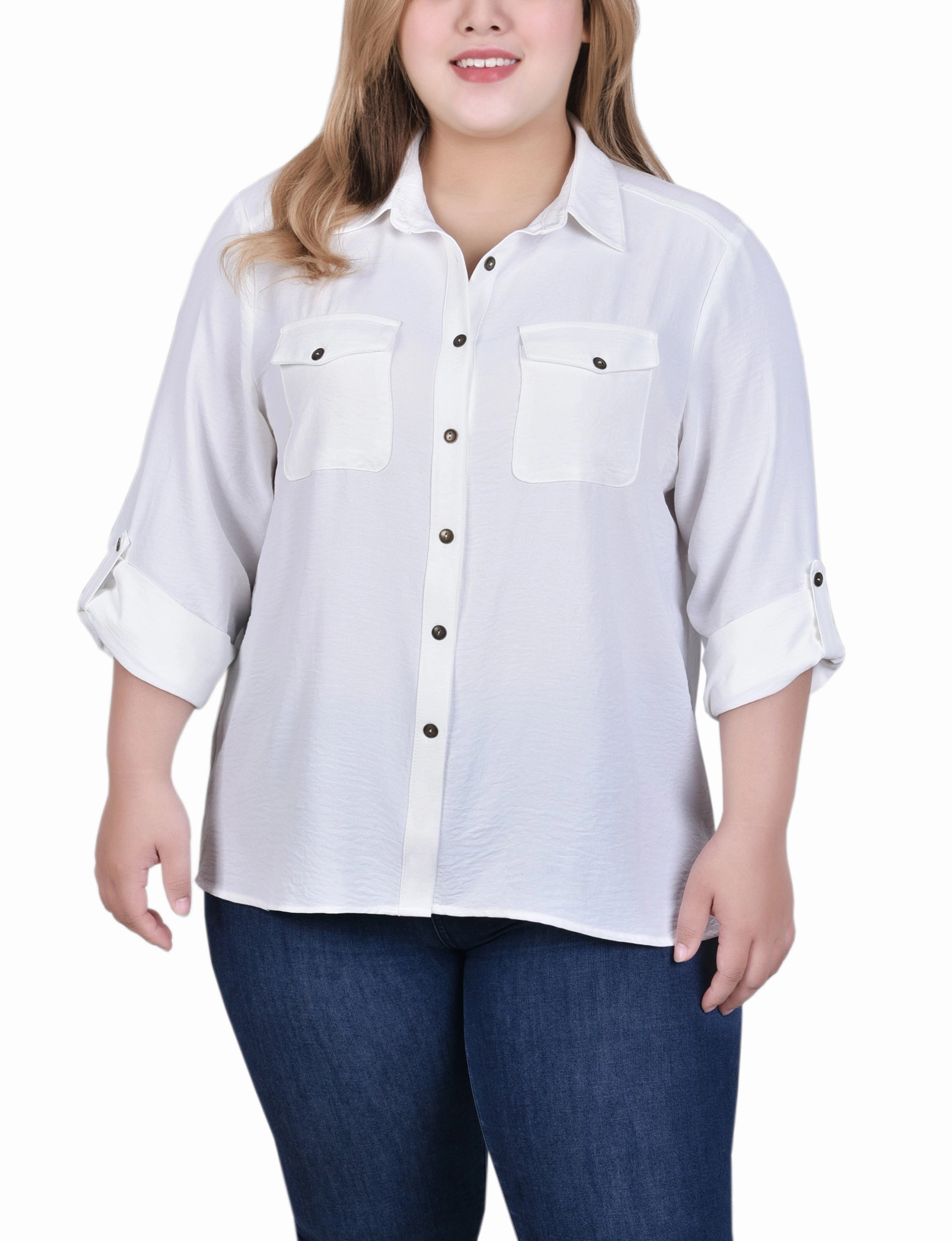 Roll Tab Blouse Flatlock Seam YarnDyed Stripes