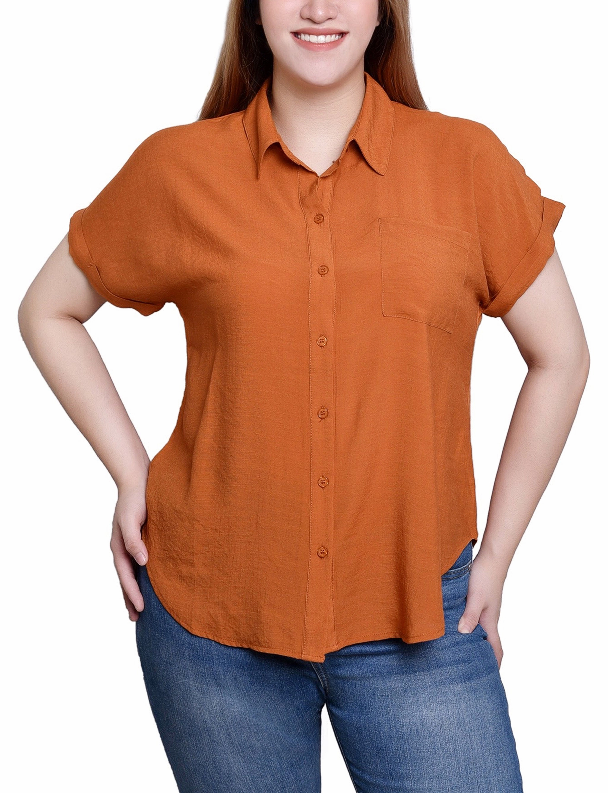 Short Sleeve Woven Front/Jersey Back Top Layered Neckline Details UltraLightweight