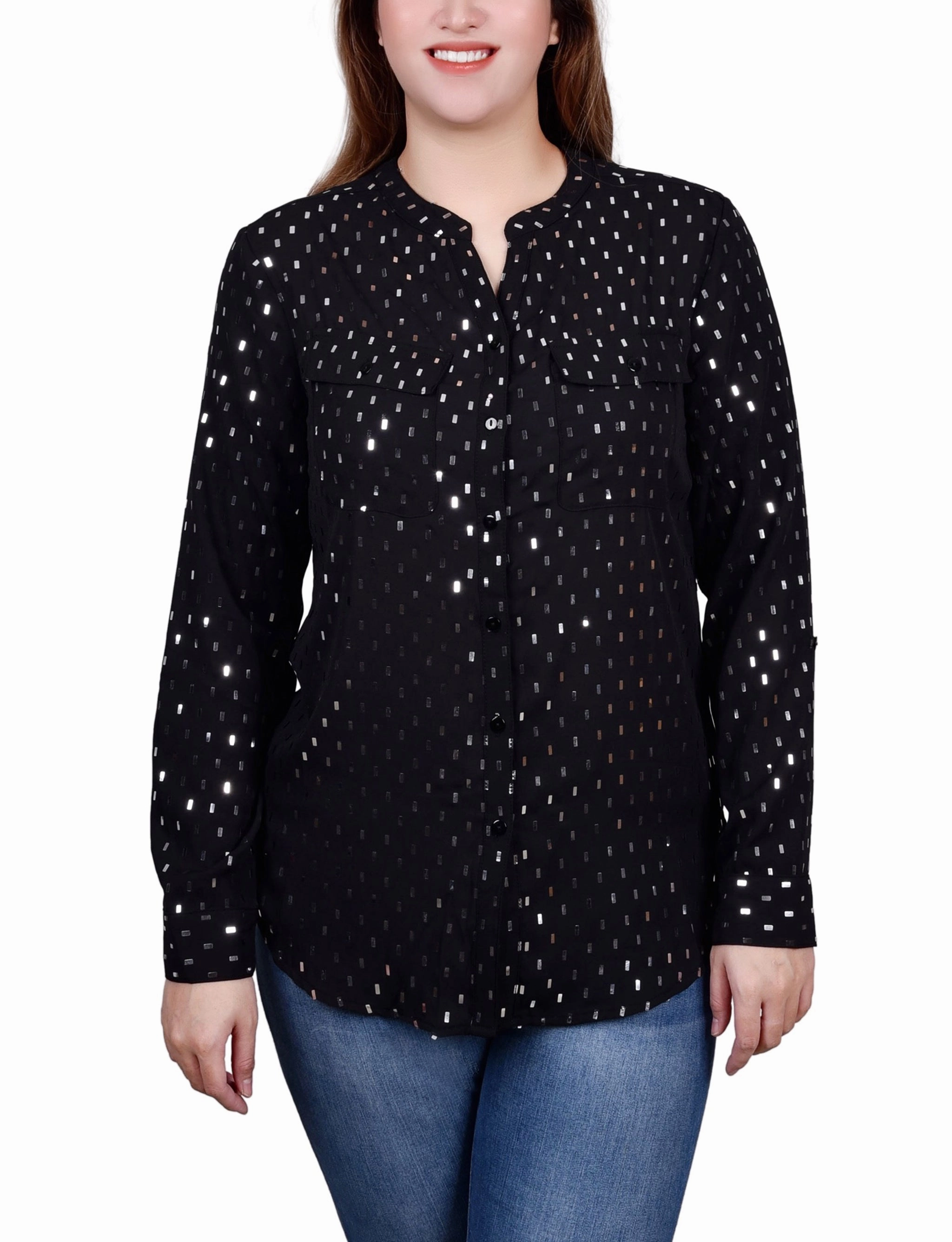 Long Roll Tab Sleeve Foil Dot Blouse BondedHemline