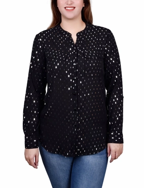 Long Roll Tab Sleeve Foil Dot Blouse Tear Resistant Weave Loose cut