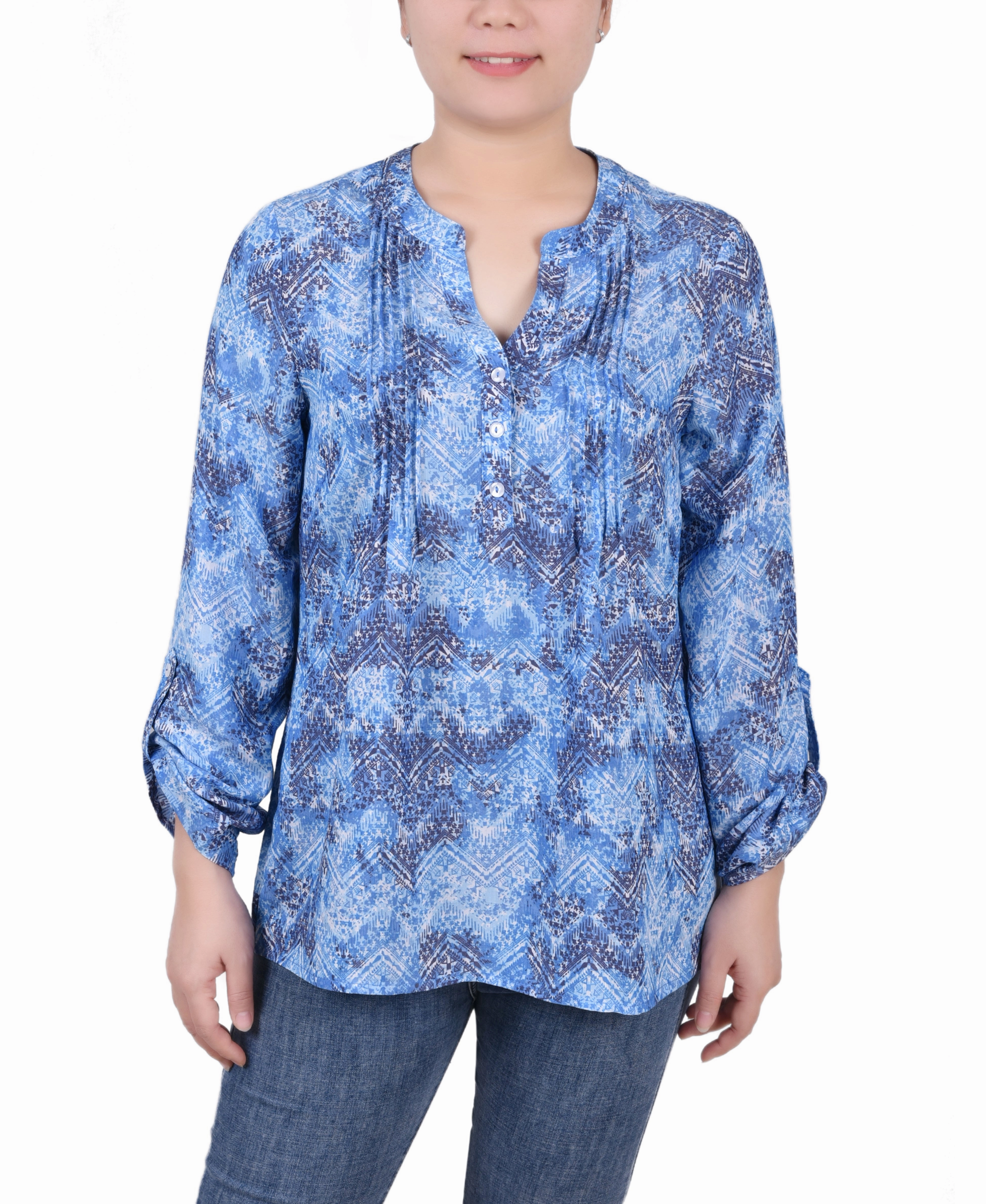 NoTagLabel GarmentWashed Texture Long Roll Tab Sleeve Pintuck Front Blouse