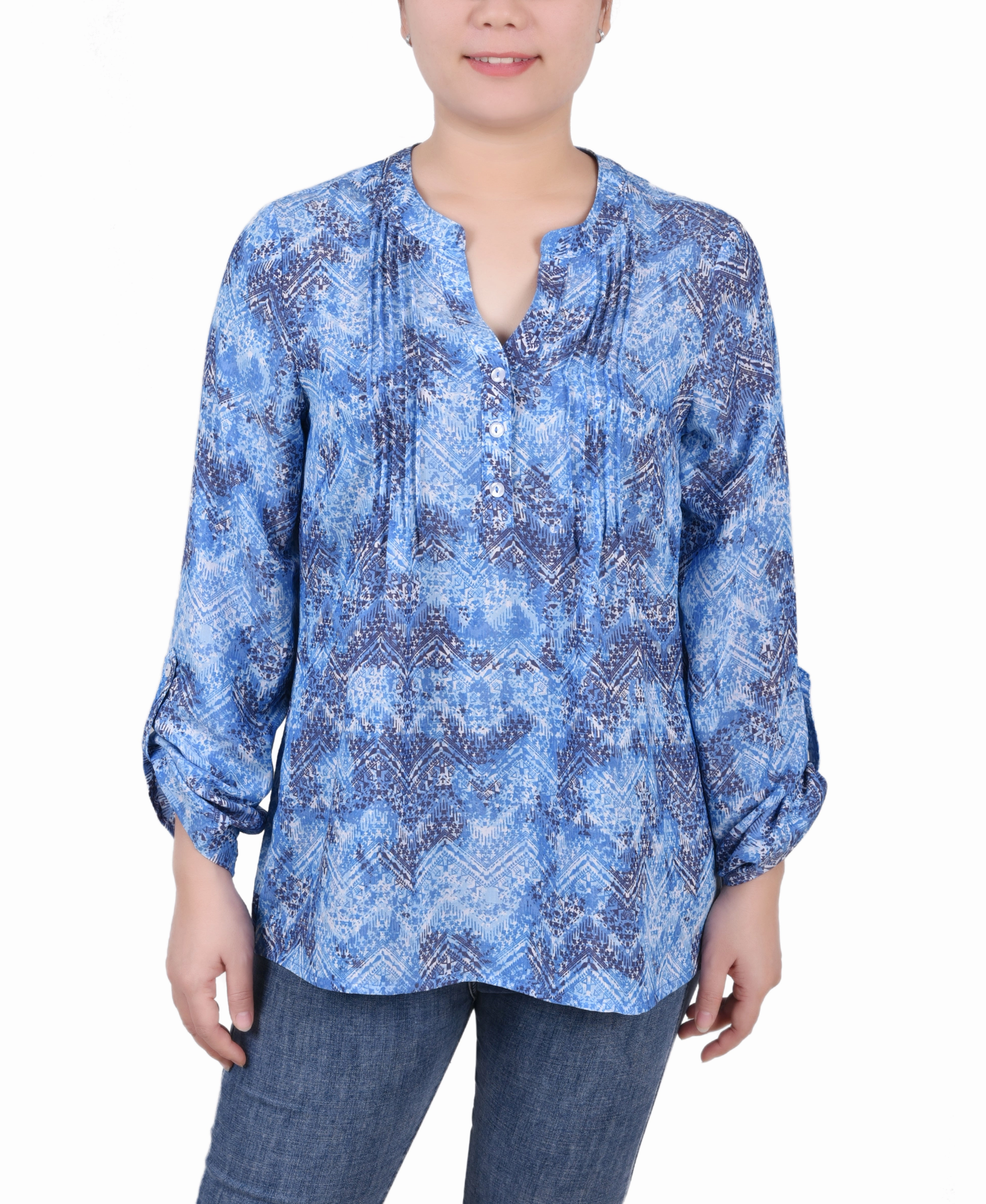 OdorResistantTreatment Long Roll Tab Sleeve Pintuck Front Blouse