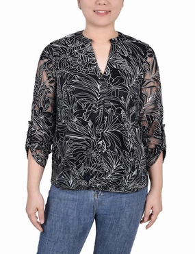 Two Tone Weave FlexibleCuff Long Sleeve Burnout Y Neck Blouse