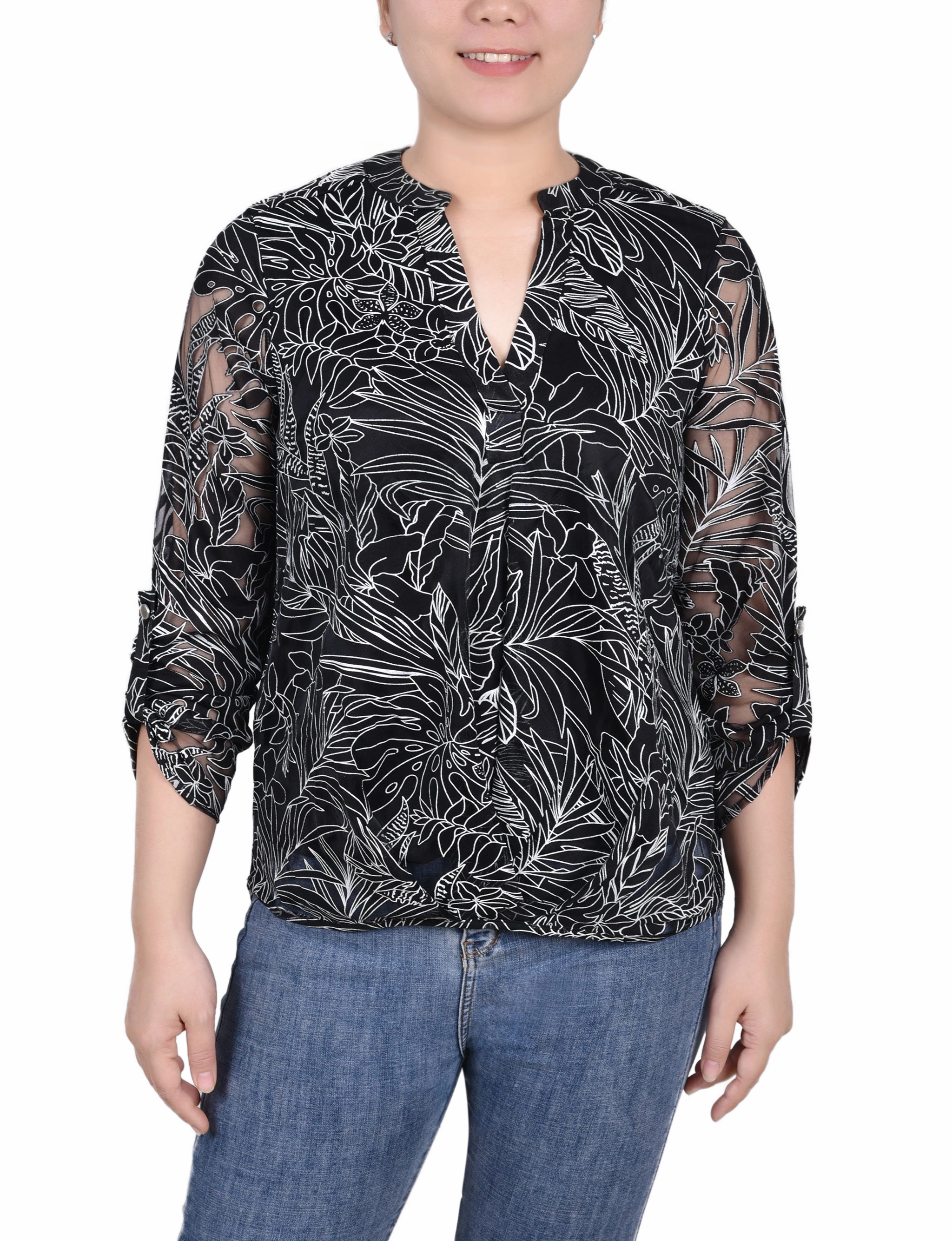 Two Tone Weave FlexibleCuff Long Sleeve Burnout Y Neck Blouse