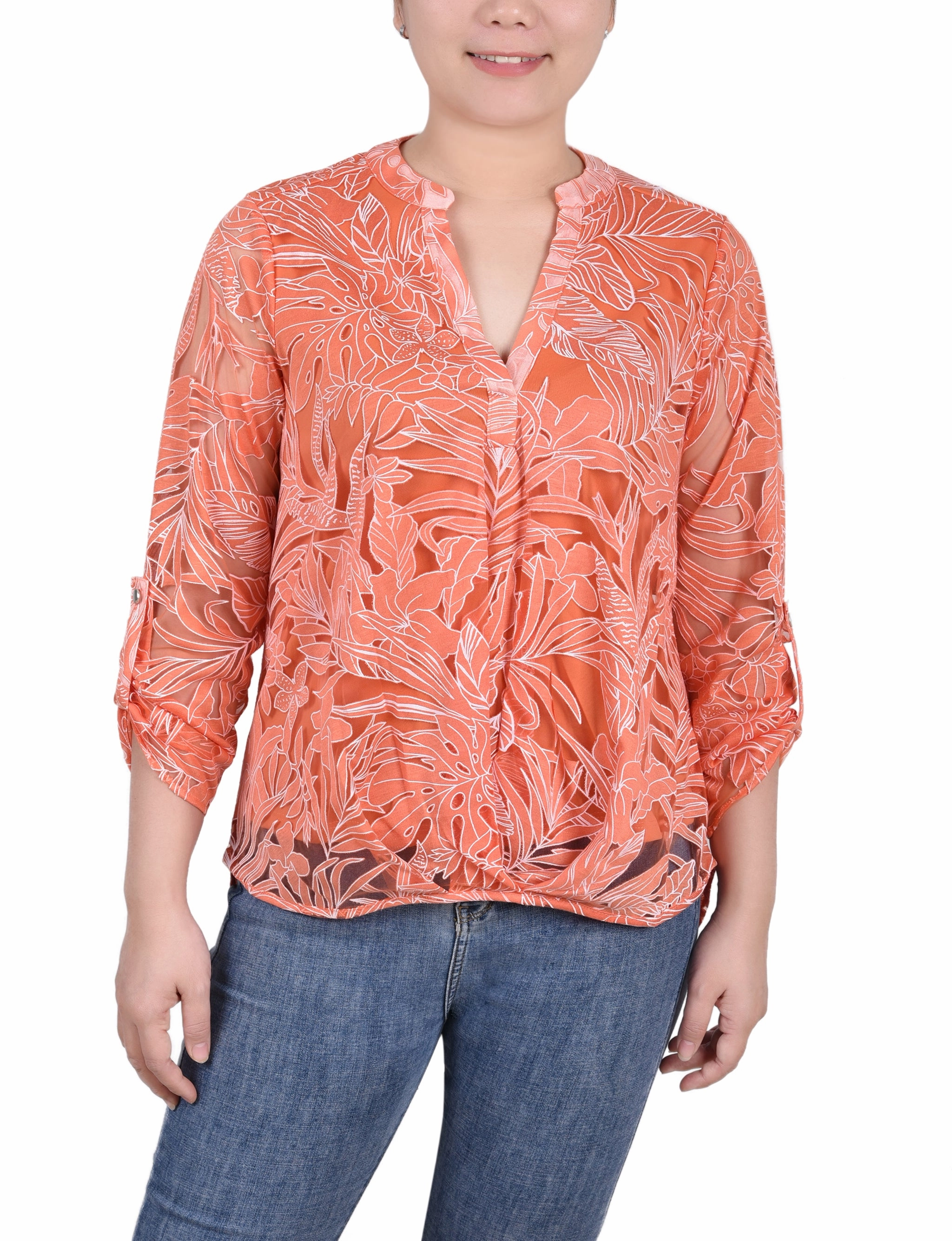 Long Sleeve Burnout Y Neck Blouse AntiStaticInnerLining