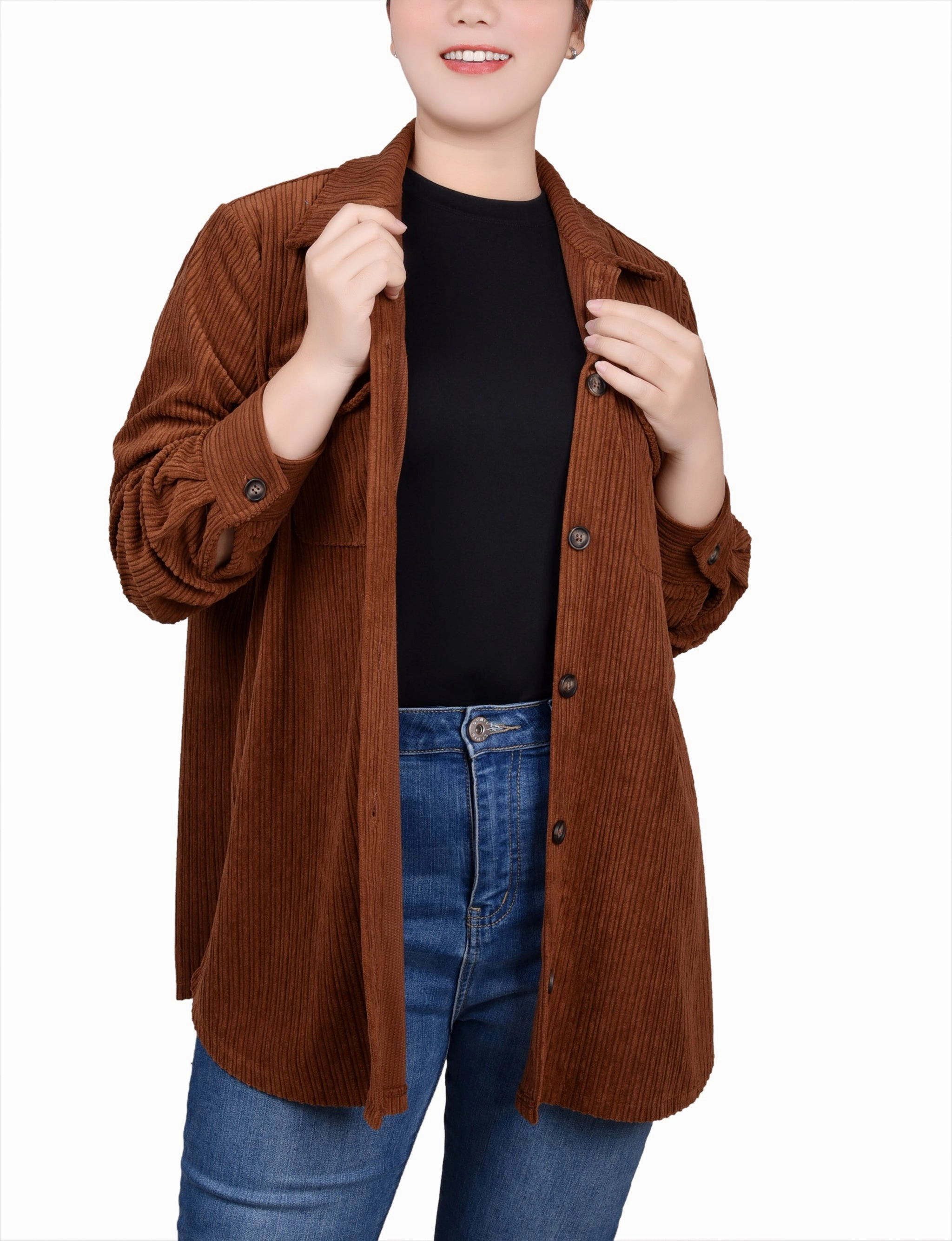 DoubleLayered Neckline Long Sleeve Corduroy Shirtjacket