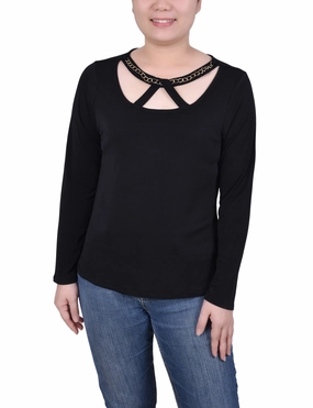 Long Sleeve Jeweled Neck Top ConvertibleCollar