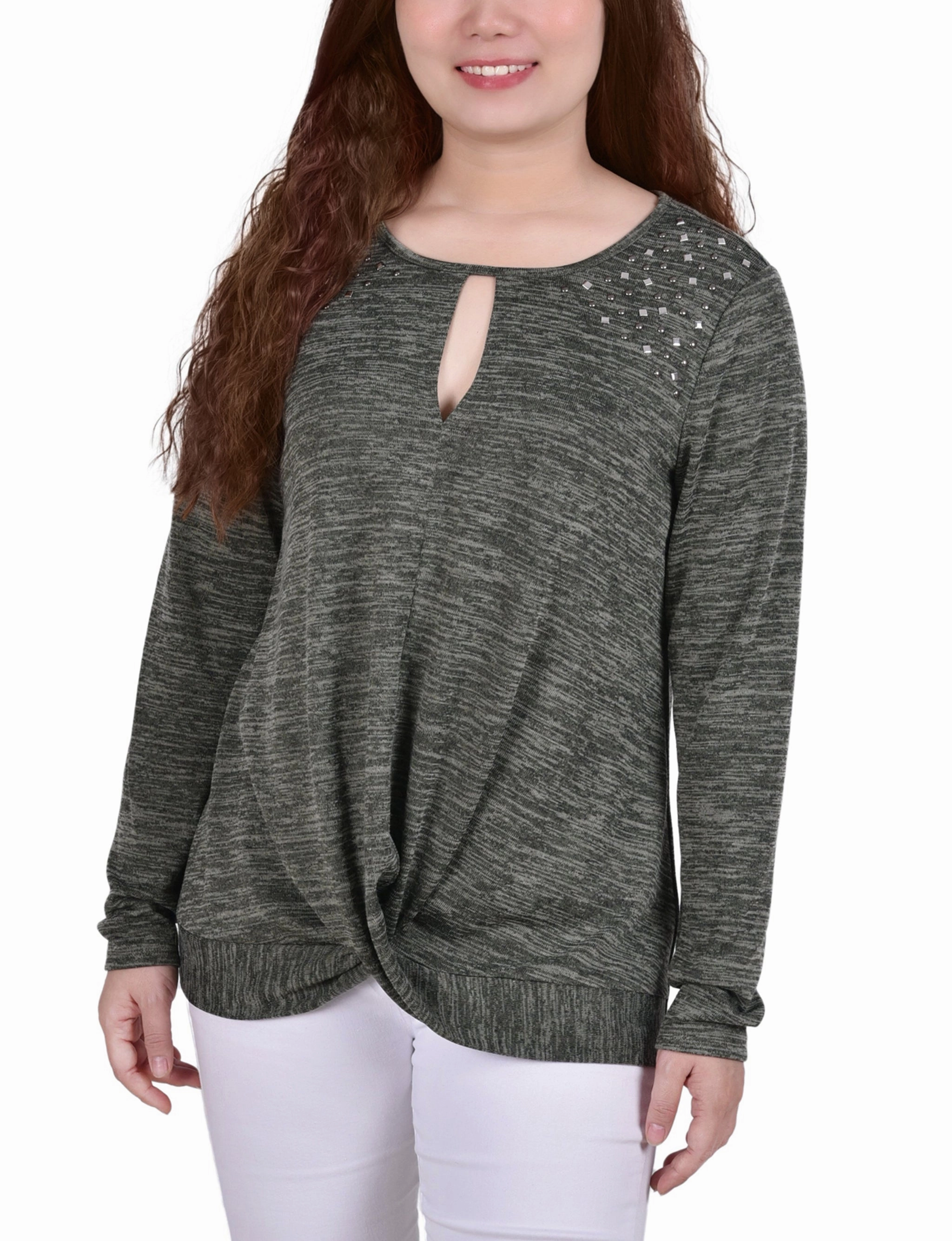 Long Sleeve Knit Keyhole Top With Studs Reflective Trims