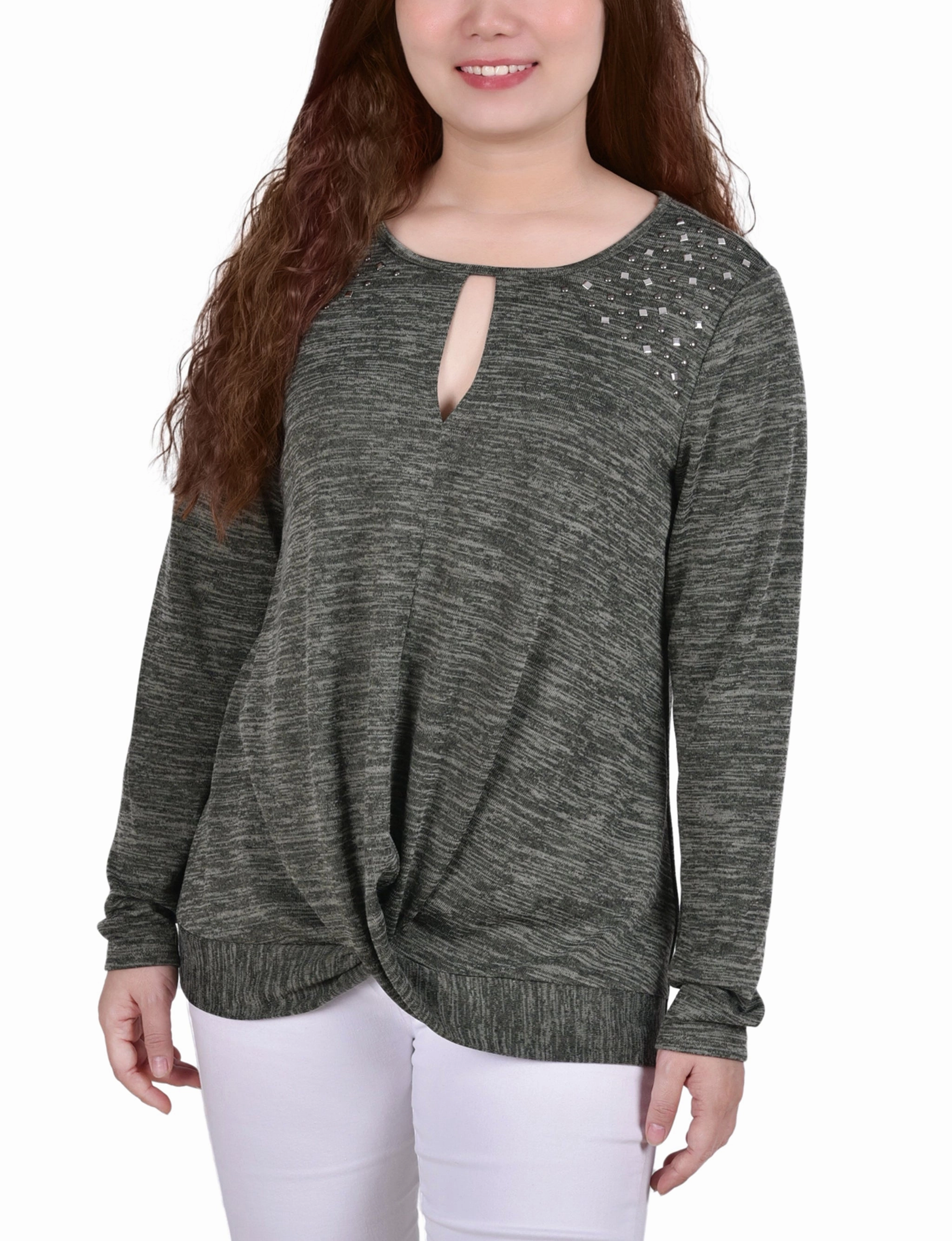 Winter Hoodie Lightweight Long Sleeve Knit Keyhole Top With Studs