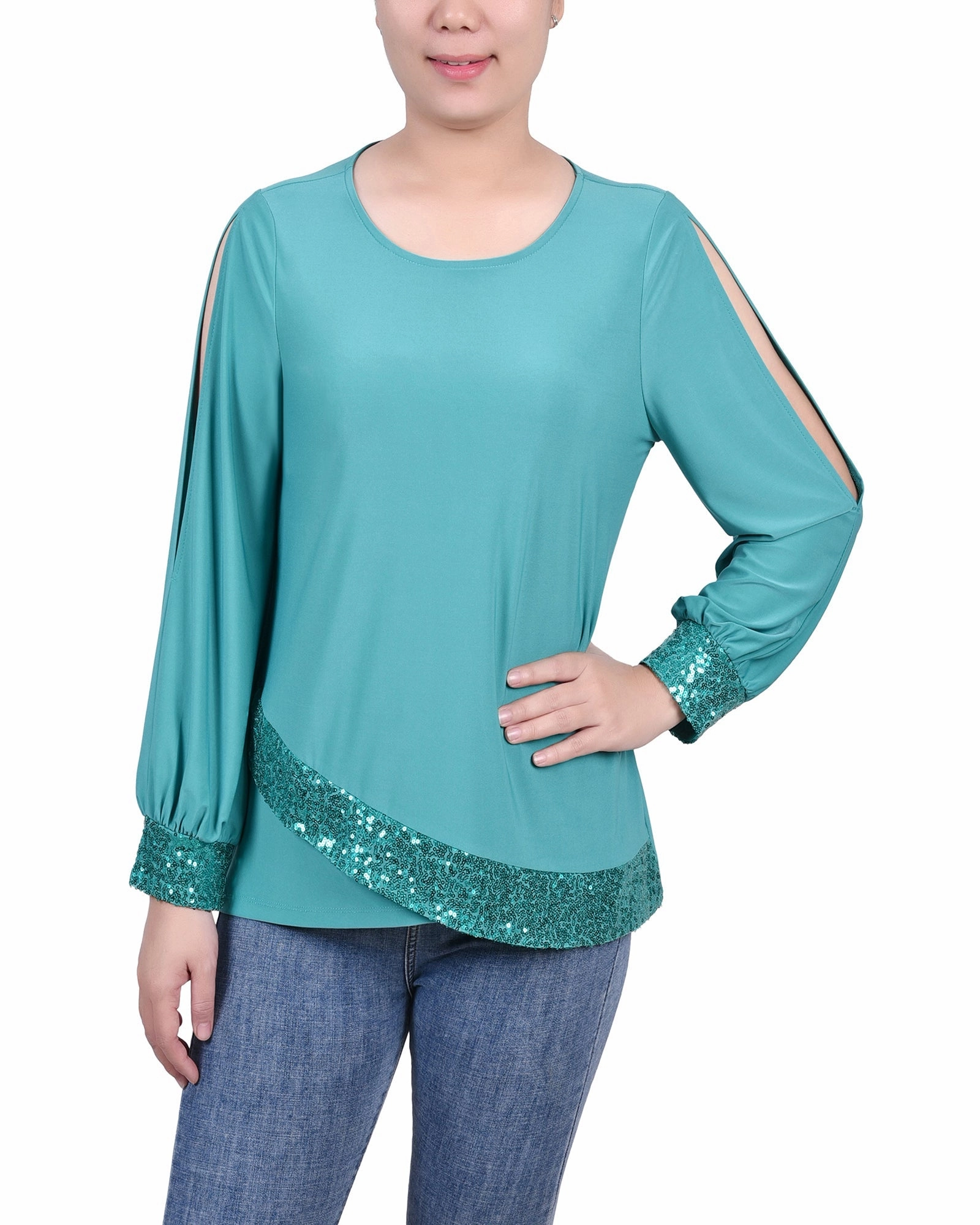 Soft Cotton Summer Style Long Sleeve Knit Top With Sequin Trim