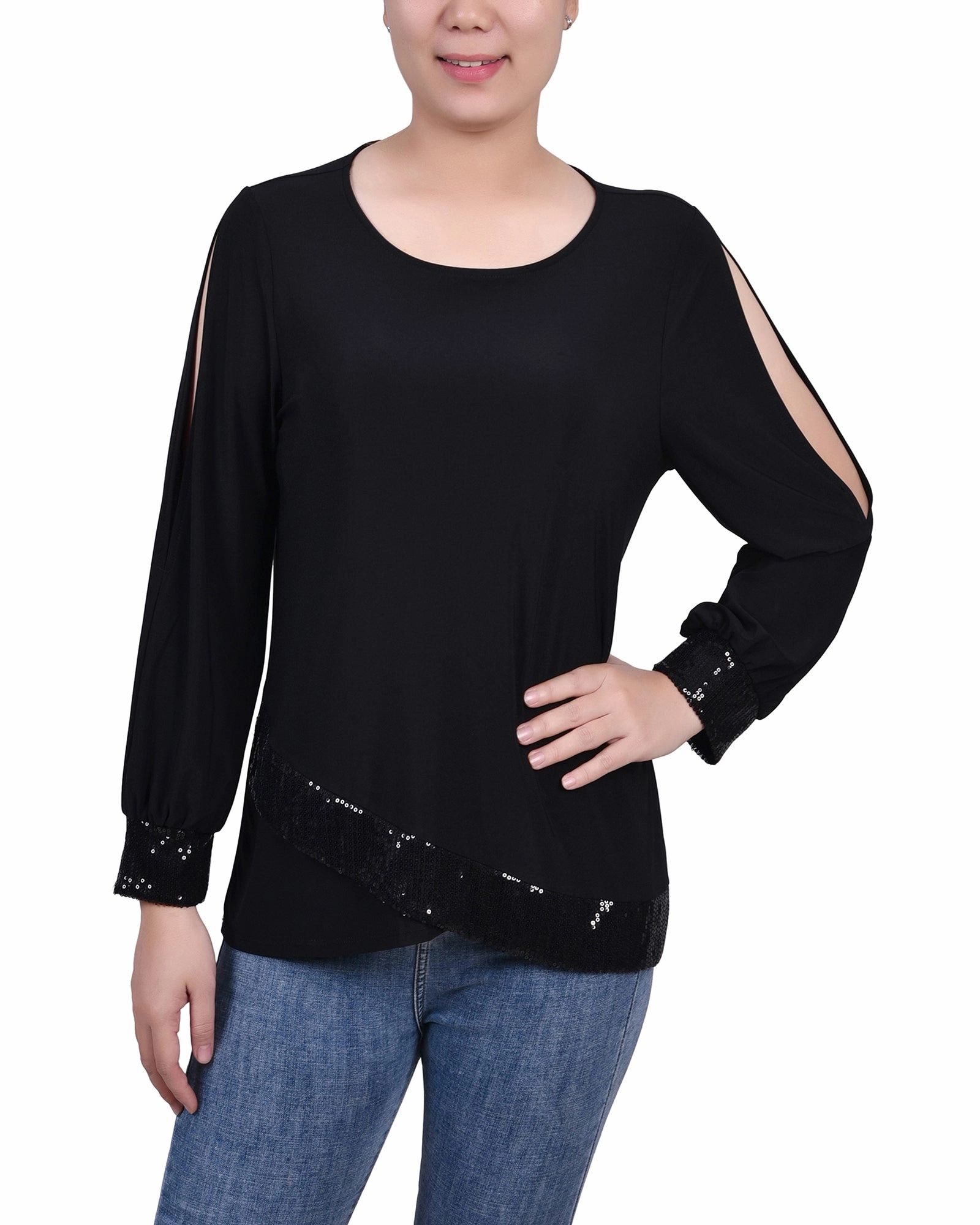 Long Sleeve Knit Top With Sequin Trim Tagless Collar Double Needle Hemming