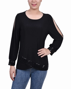 Long Sleeve Knit Top With Sequin Trim ReinforcedArmholes