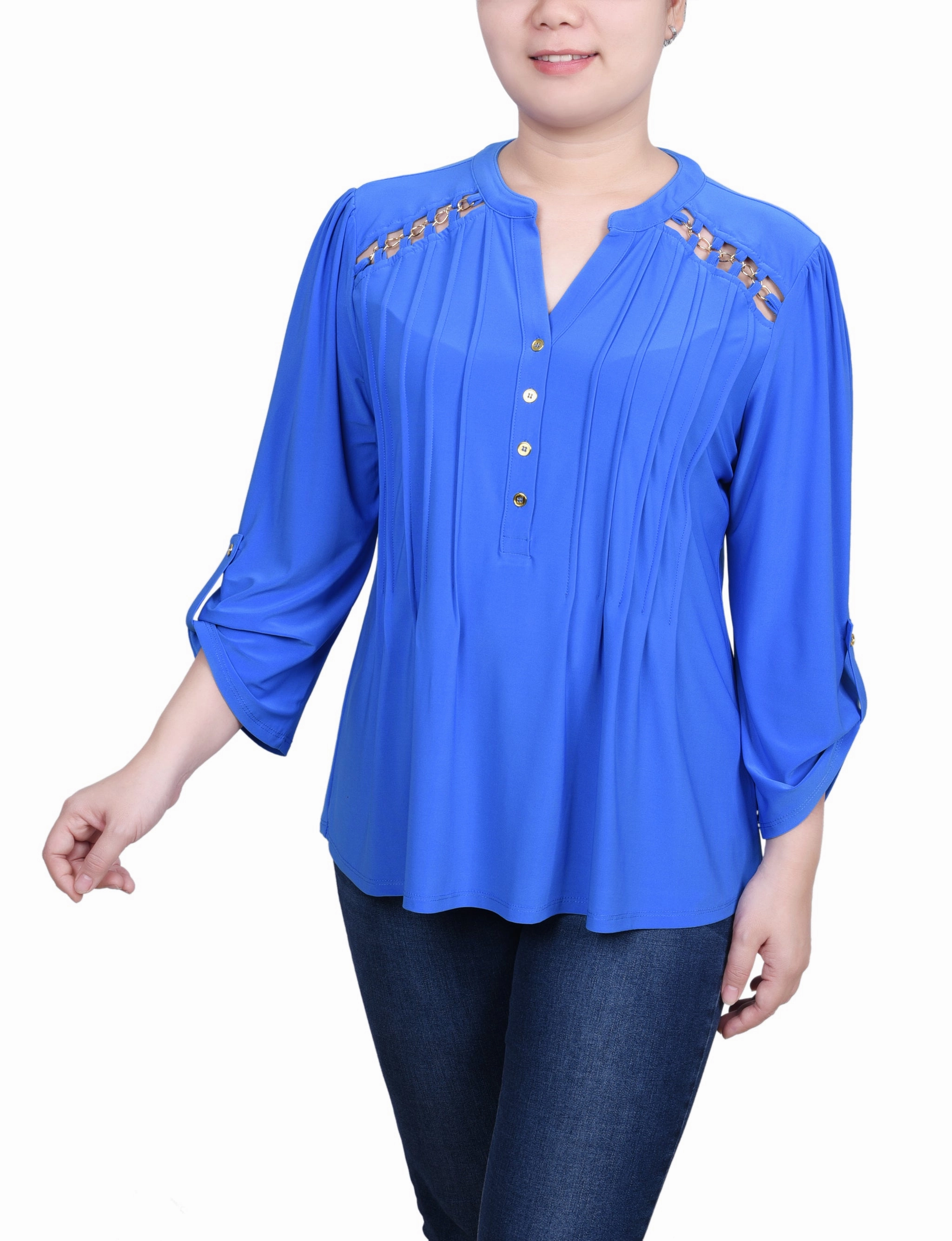 Long Sleeve Pintuck Front Top With Chain Details Tagless Labeling ArticulatedElbowShaping
