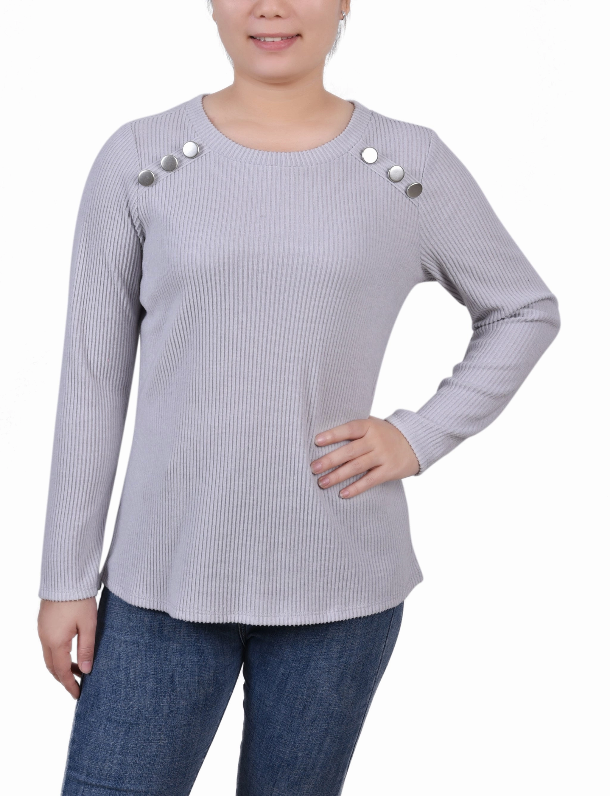 Self Fabric Tie Closure MultiLayer Stitching Long Sleeve Ribbed Button Detail Top