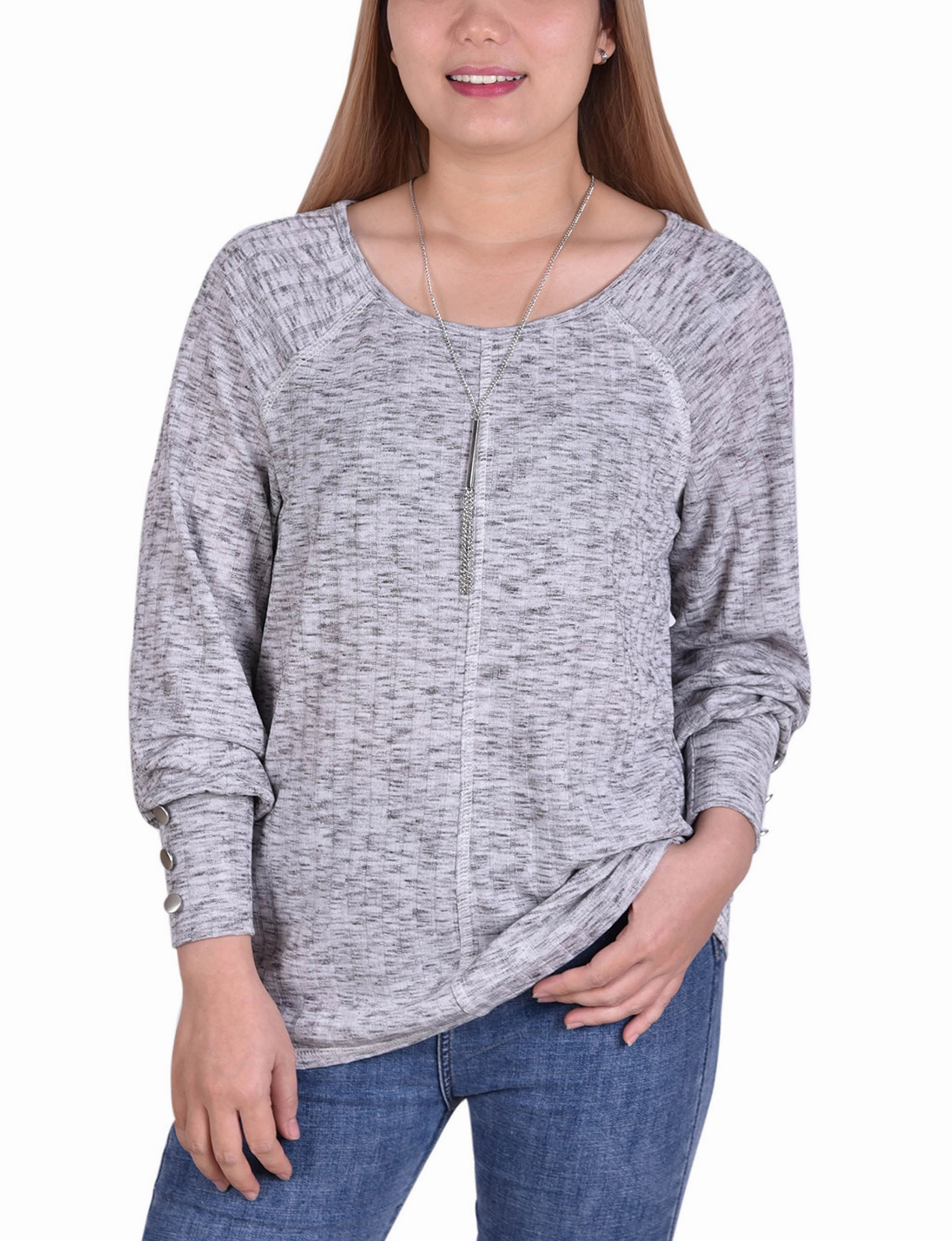 Multipanel Construction Long Sleeve Ribbed Pullover Top With Detachable Necklace