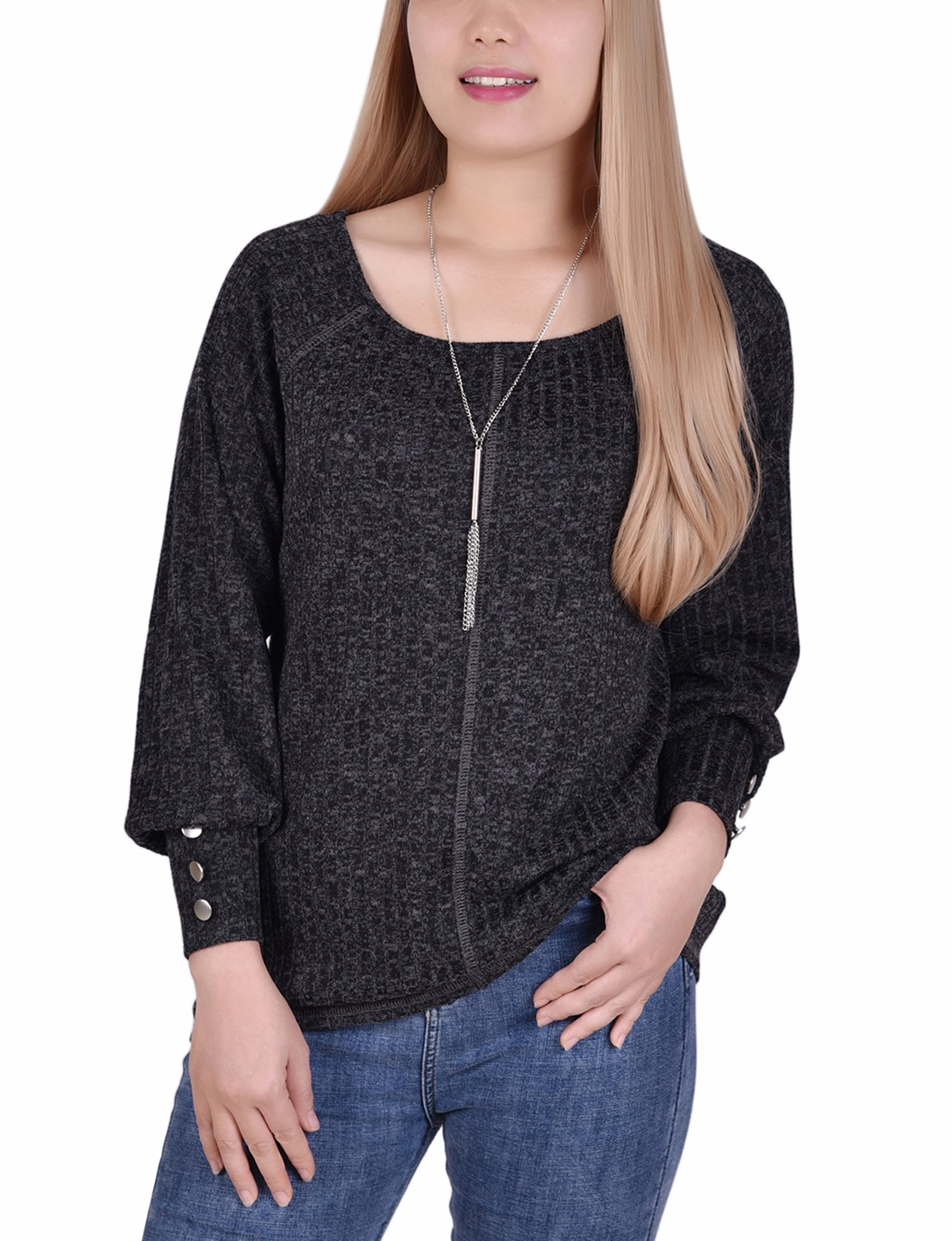 Long Sleeve Ribbed Pullover Top With Detachable Necklace Ethically Sourced Material Formal top