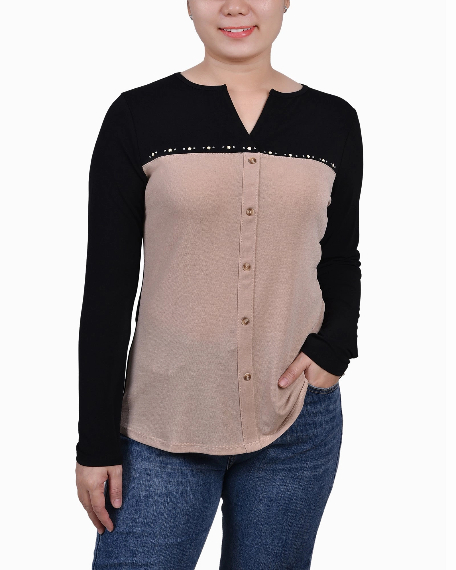 Warm Fabric Long Sleeve Studded Colorblocked Split Neck Top