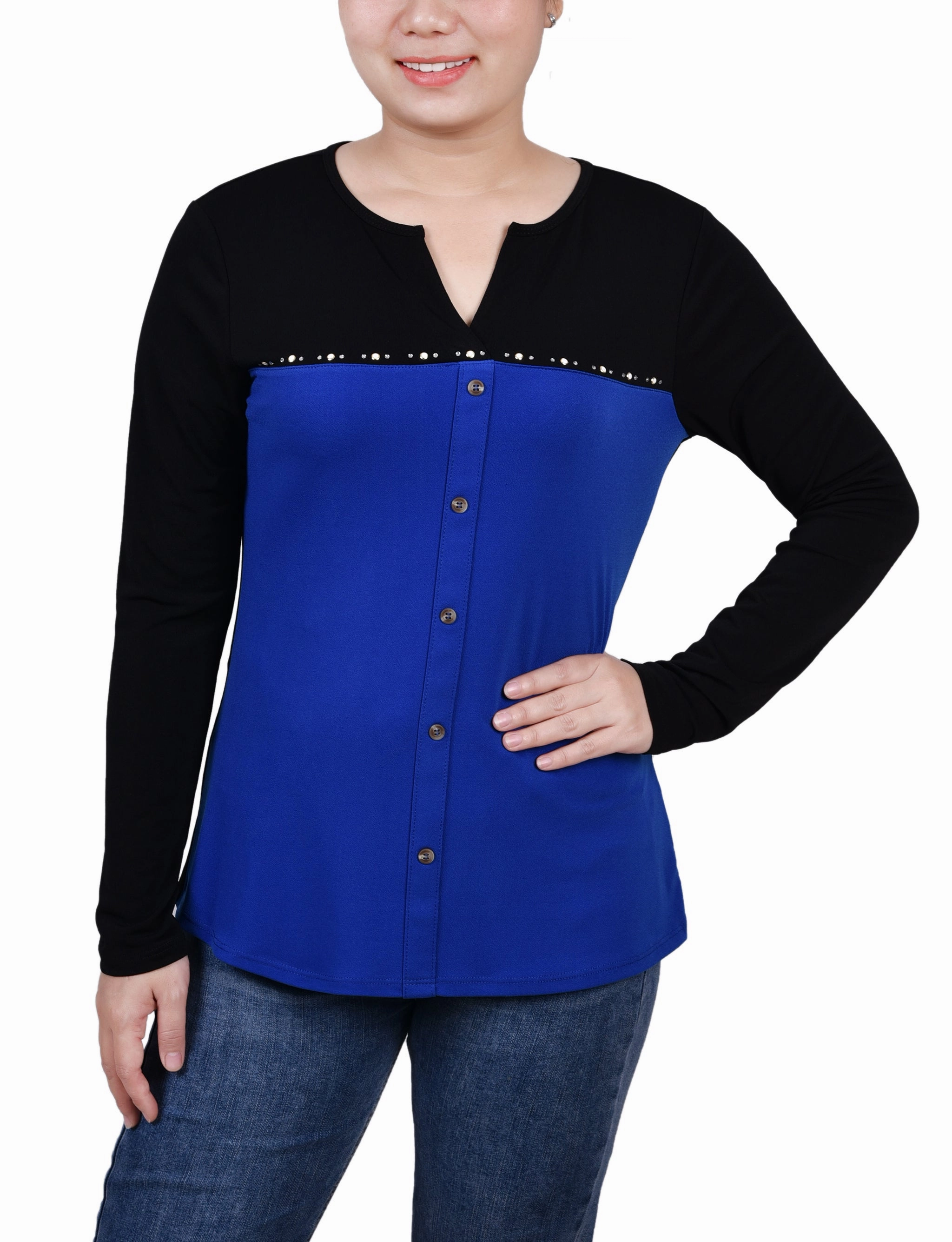 Long Sleeve Studded Colorblocked Split Neck Top ReinforcedShoulders