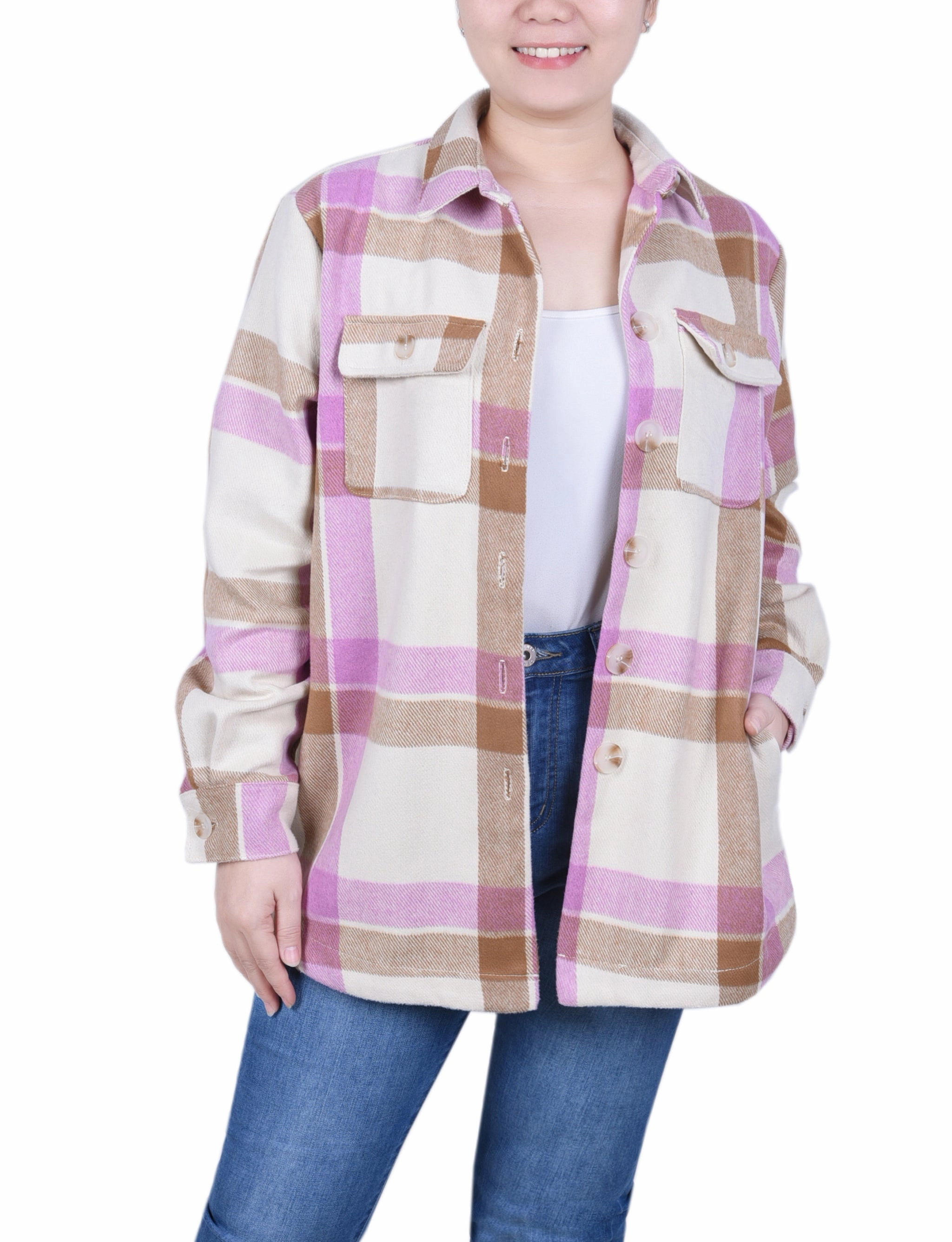 Long Sleeve Twill Shirtjacket Raglan Sleeve Layered Neckline