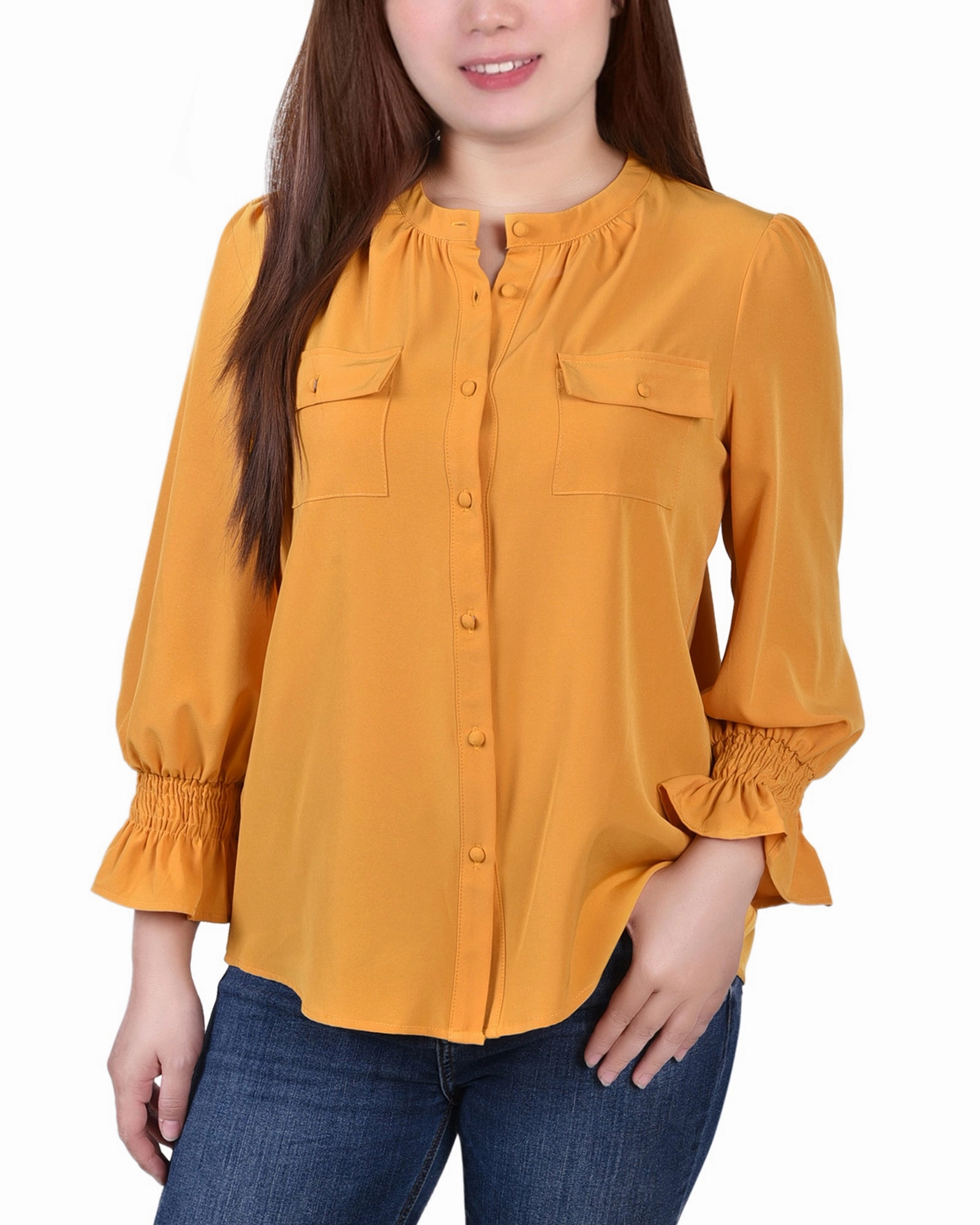 DoubleLayeredShoulders Long Sleeve Y Neck Blouse