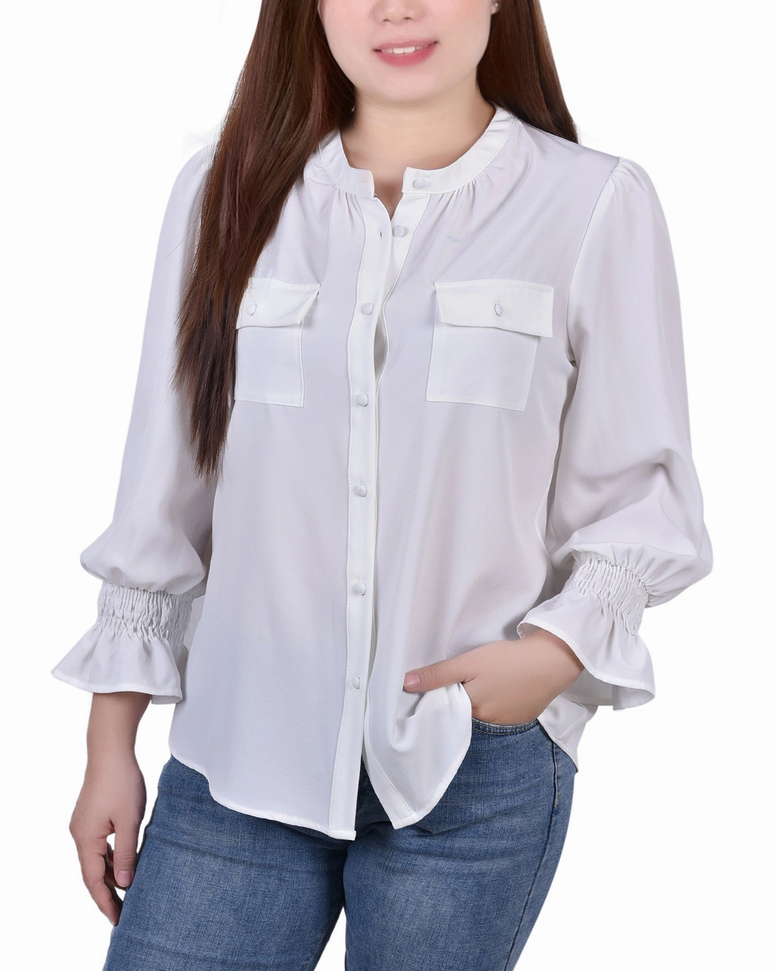 Long Sleeve Y Neck Blouse Textured Fabric Finish